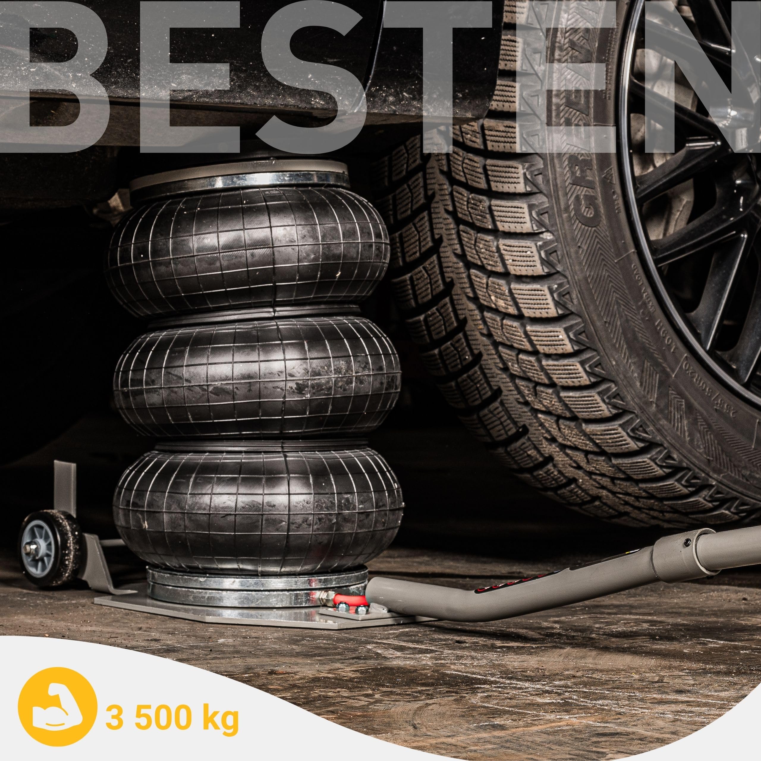 Podnośnik samochodowy pneumatyczny bałwanek BESTEN 3,5T • 150–400 mm • 6–12 bar • 3× zbrojona poduszka • teleskop centrujący • koła stal+guma Ø65 mm • zawór bezpieczeństwa • BE0002527