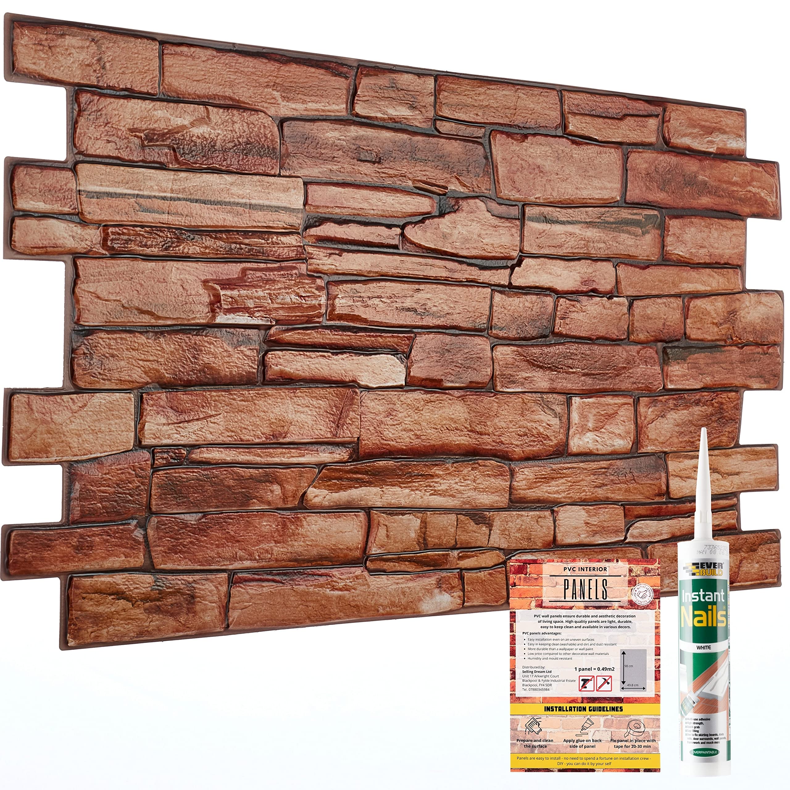 PVC Plastic Wall Panels 3D Decorative Tiles Cladding - Brown / Gray Stone (Pack 6-44