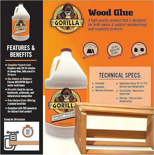 Miniatura 3 de Gorilla Pegamento de madera, botella de 1 galón, color madera natural, (paquete de 1)