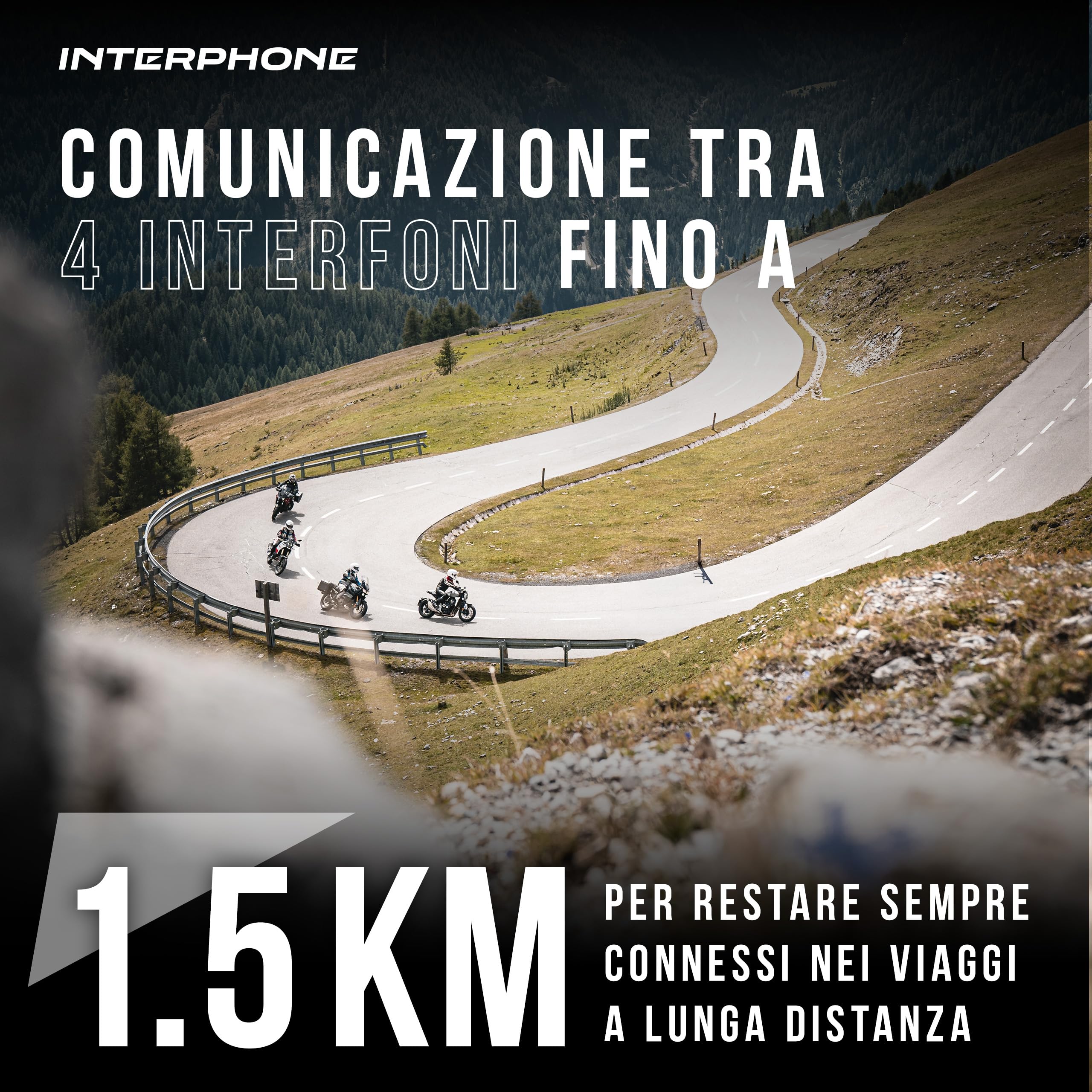 INTERPHONE Tour HD - Single Intercom for Motorcycle Helmet, Stereo Headphones, 40 mm, 4 Motorcyclists, Distance 1.5 Km, Autonomy 25 Hours, Fast Charging, TFT, Waterproof IPX67
