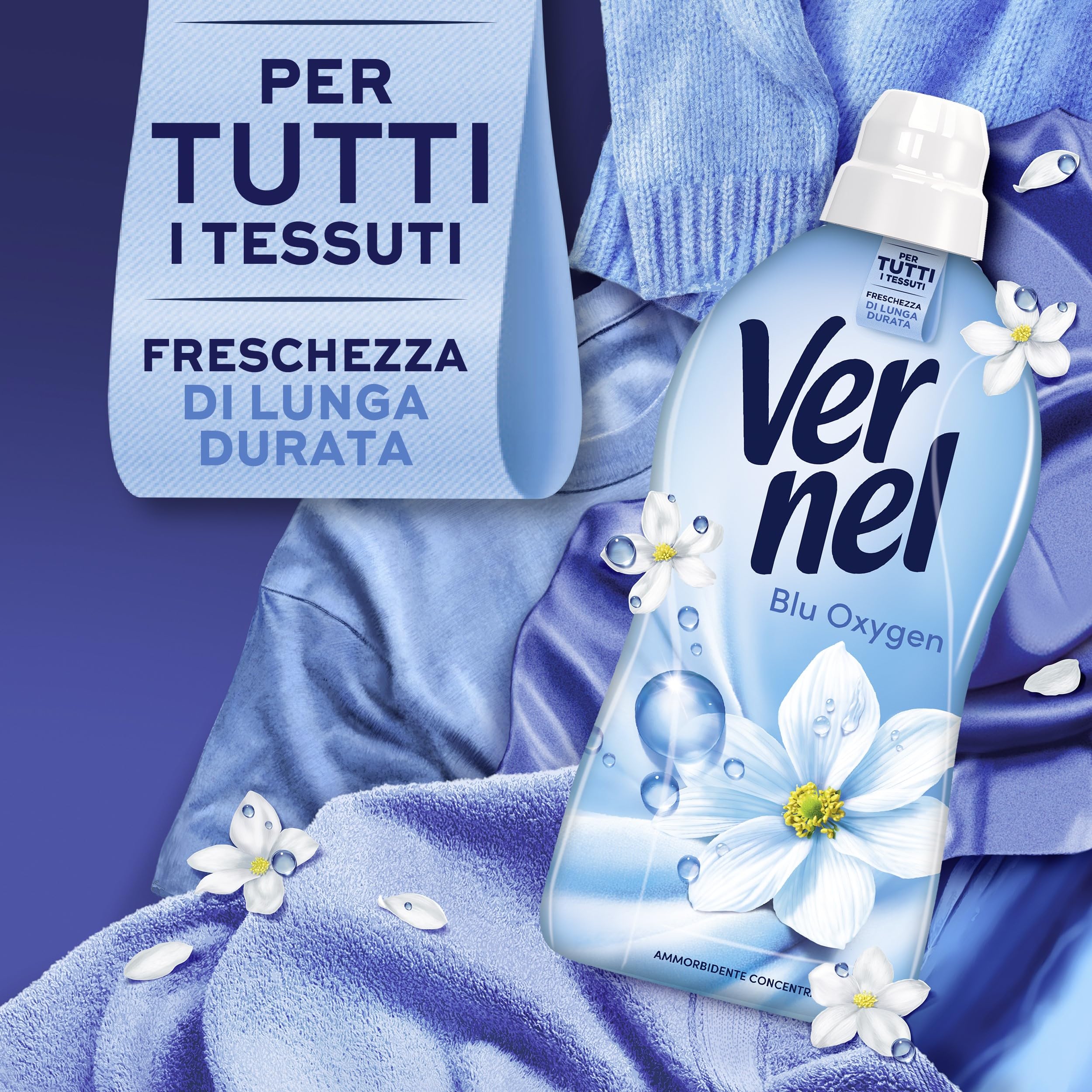 Ammorbidente Concentrato Vernel Blu Oxygen (10 x 48 lavaggi), Ammorbidente Concentrato per Tutti i Tessuti, Morbidezza Irresistibile e Freschezza di Lunga Durata