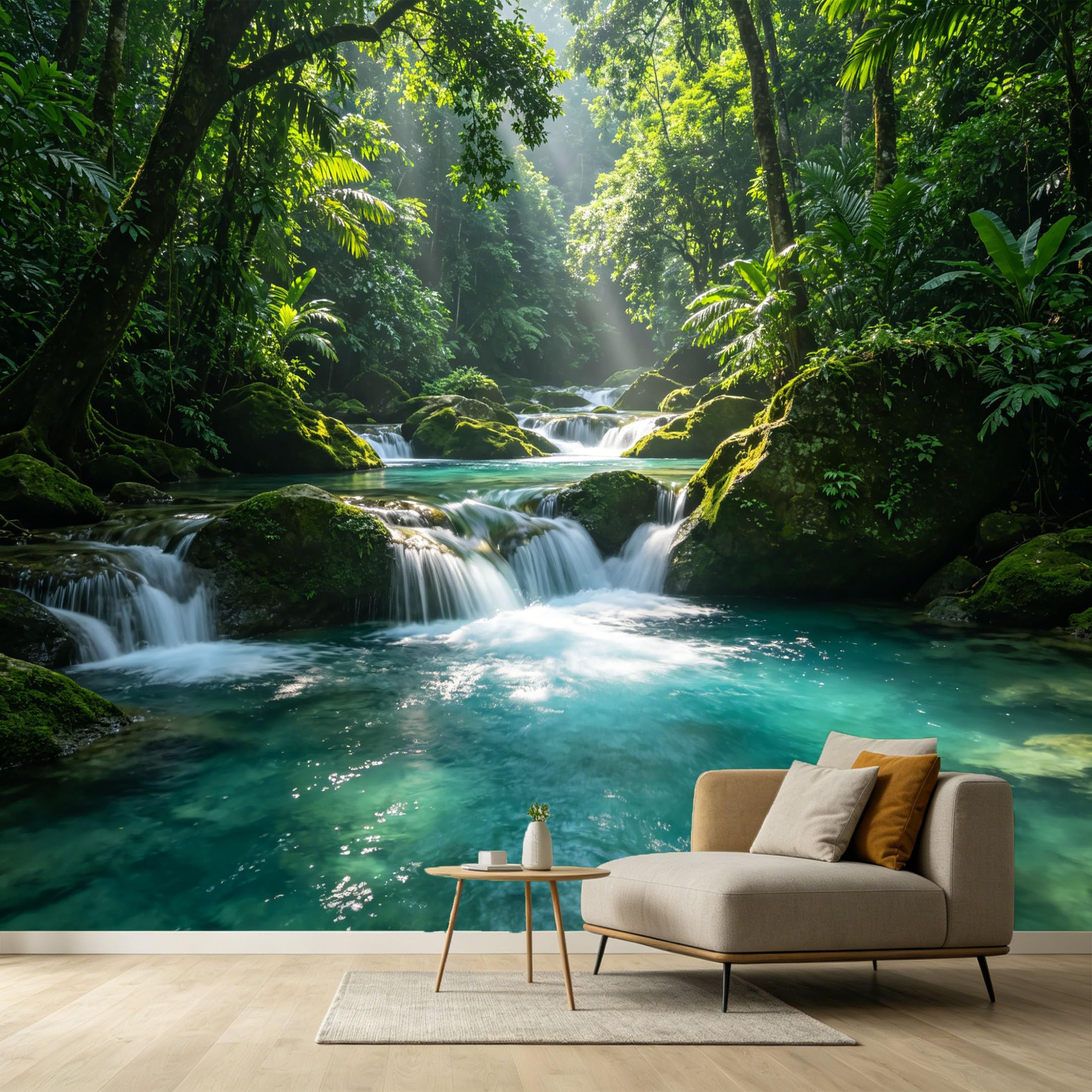 Custom Size Wall Murals Tropical Jungle Forest Landscape Sunlight Waterfall River Rock SelfAdhesive Wall Fabric Removable Large Wallpaper for Photo Living Room