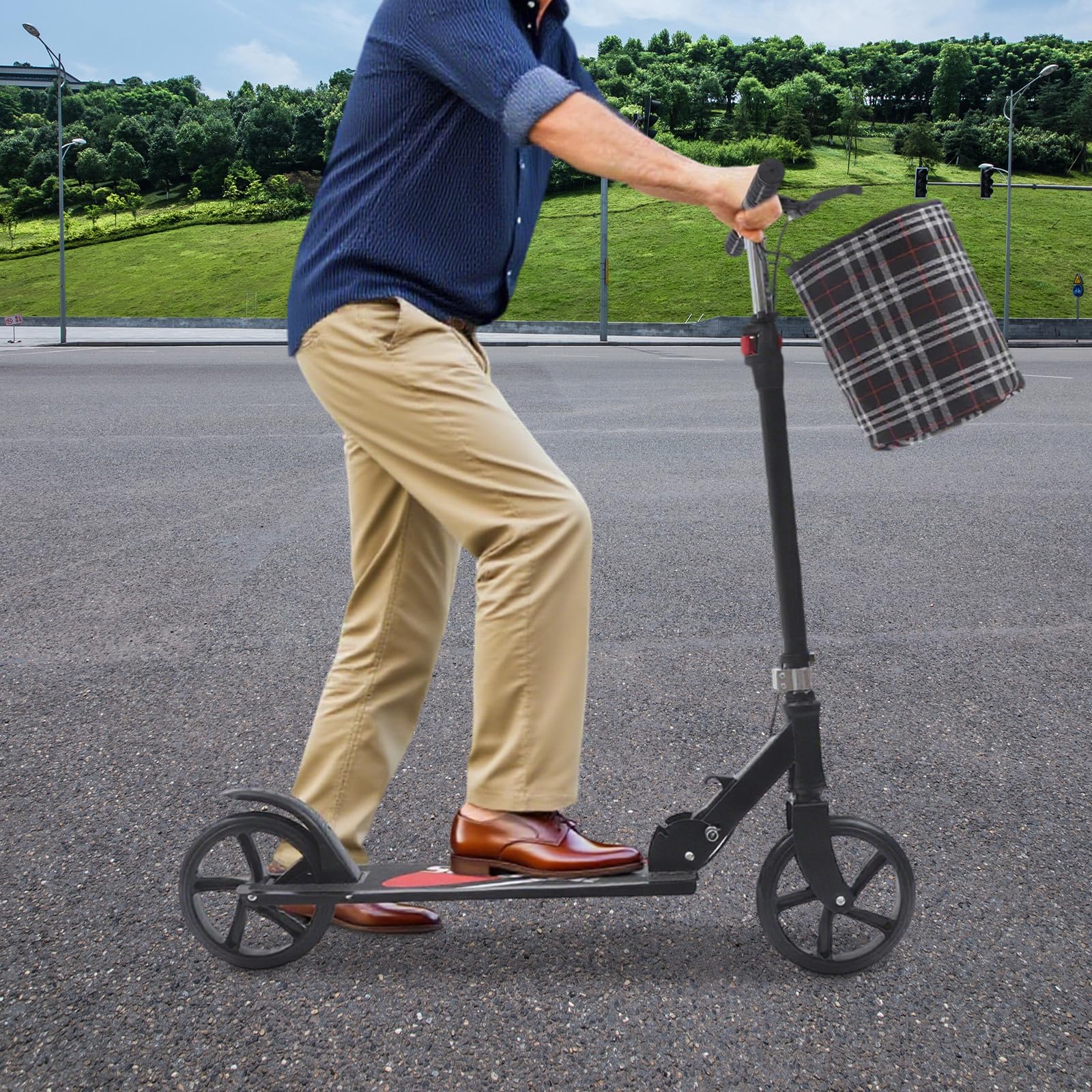 Patinete plegable para adultos y niños con freno de mano, pedal mate y bolsa de almacenamiento, altura ajustable de acero al carbono con capacidad de carga de 150 kg