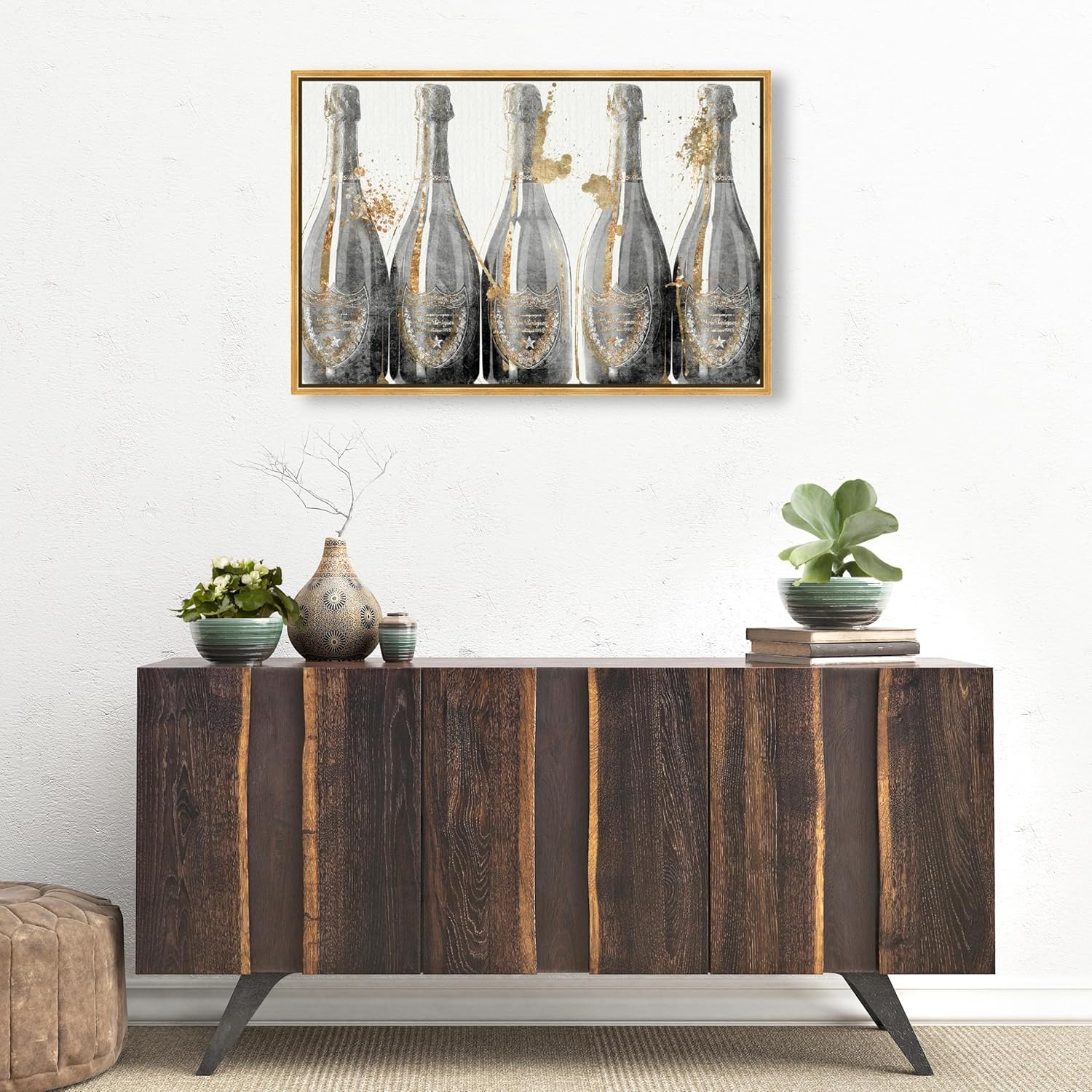 The Oliver Gal Artist Co. Drinks and Spirits Framed Wall Art Canvas Prints 'Dom Marbles' Champagne Home Décor, 30 in x 20 in, Grey, Gold