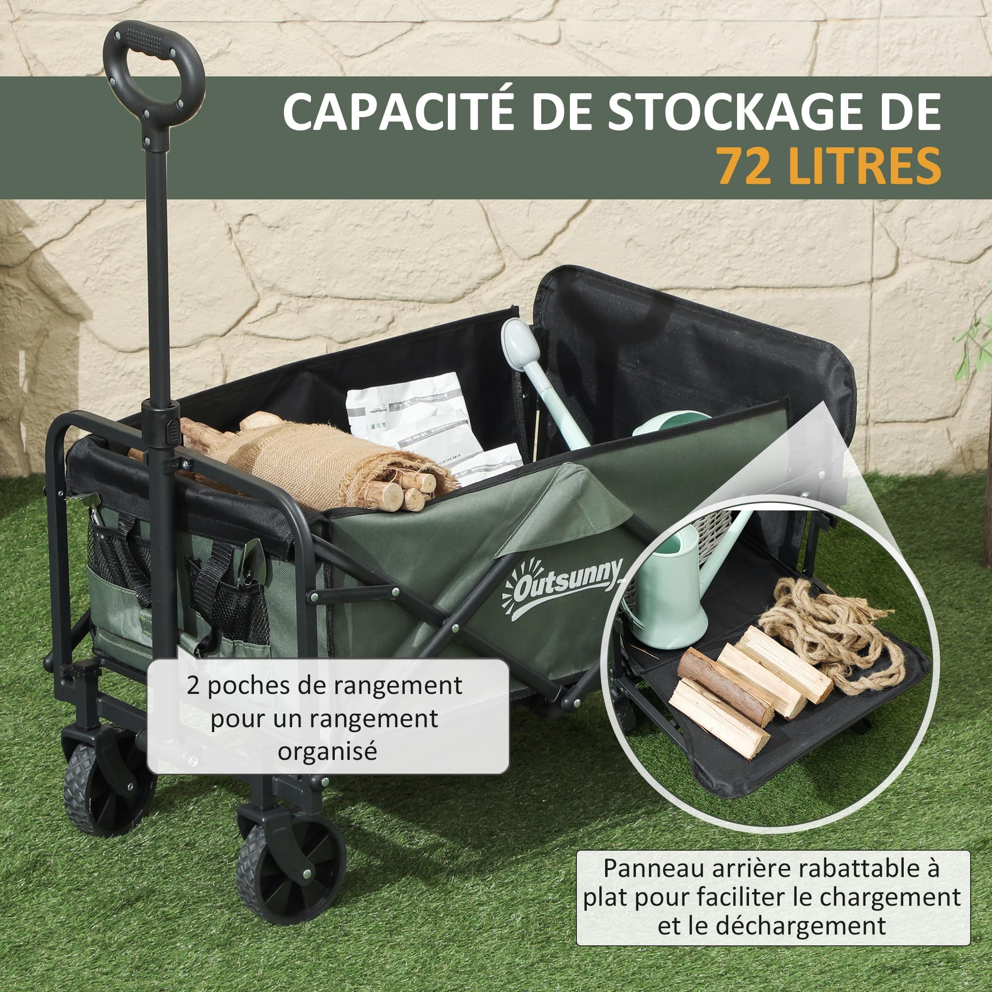 Outsunny Chariot de Transport Pliable, Chariot à roulettes avec poignée télescopique, 2 Poches, Ouverture arrière, pour extérieur, Festival, Camping, Plage, Vert