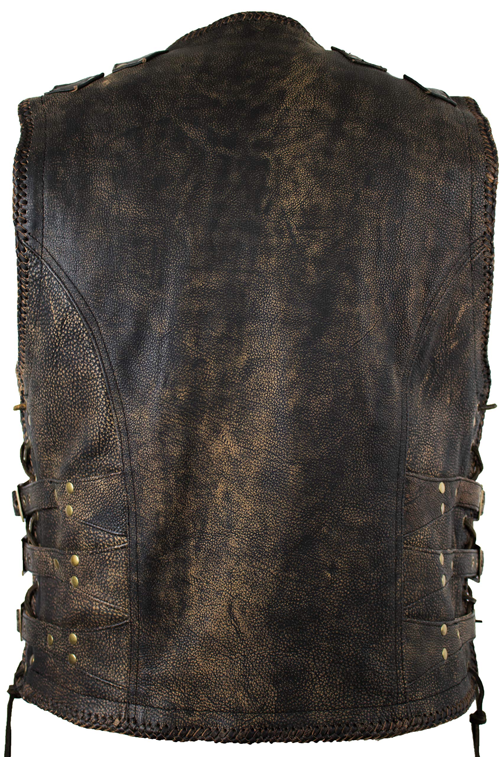 MDM Gilet pelle uomo biker vintage marrone, vera pelle bovina, fibbie in ottone, lacci laterali regolabili, chiusura con ganci, stile chopper custom