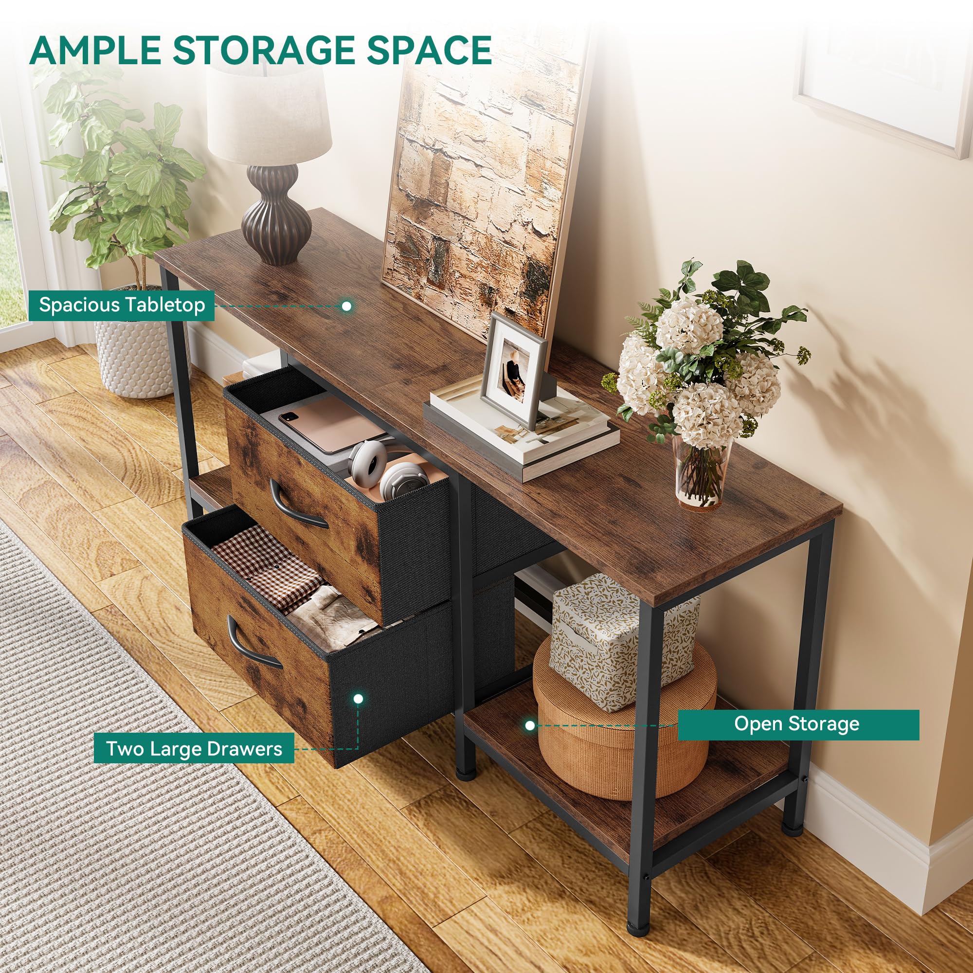 YITAHOME TV Schrank für bis zu 47 Zoll Fernseher, Fernsehtisch Mediaschrank mit 2 Stoffschubladen & 2 Ablagefächern, 110 x 30 x 50 cm Stahlgestell TV Lowboard für Wohnzimmer & Schlafzimmer