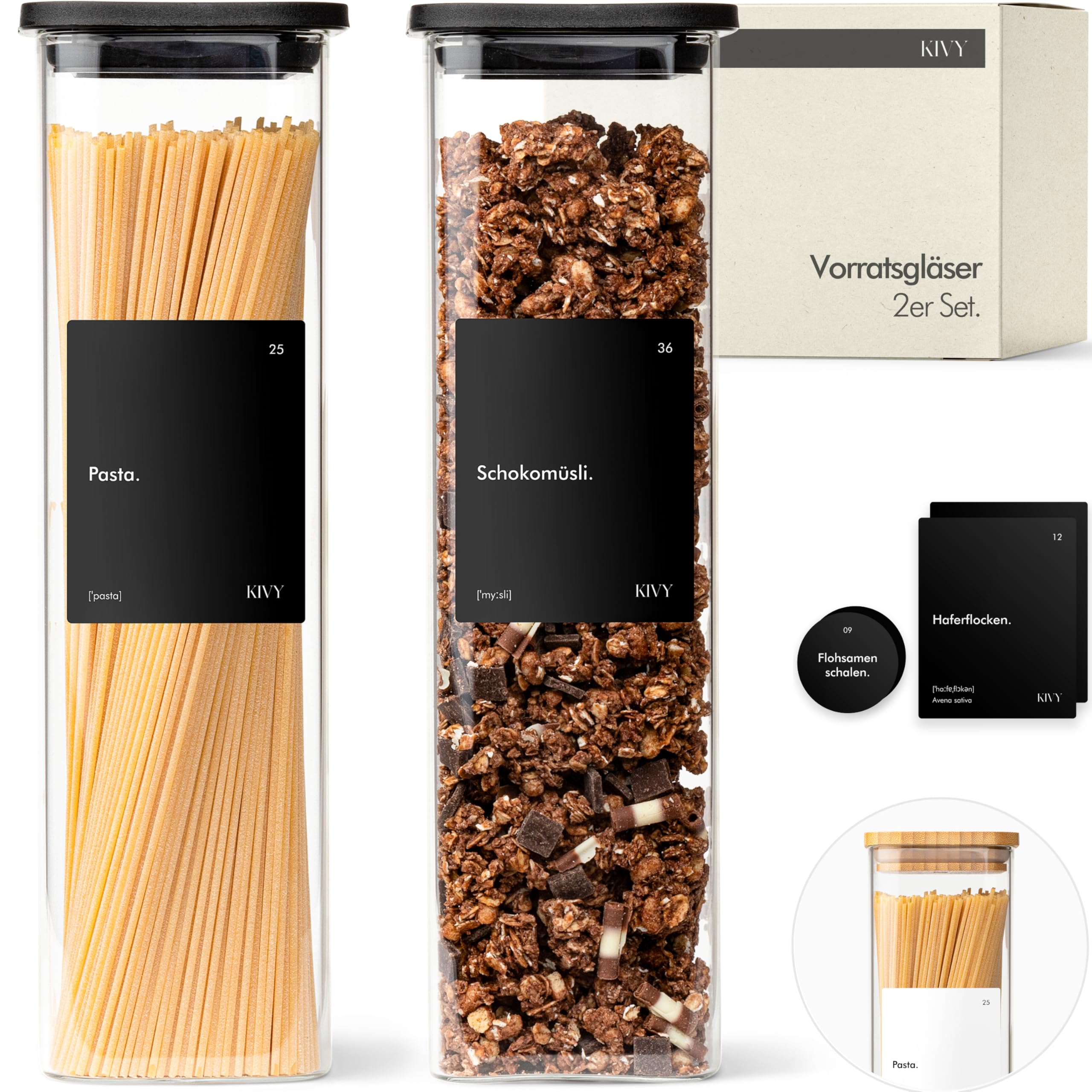 Kivy Square Storage Jars [2x 1800ml] + Labels - Stackable & Airtight Storage Jars with Lid - Pasta Jars with Lid - Glass for Spaghetti Storage Large - Jars for pasta