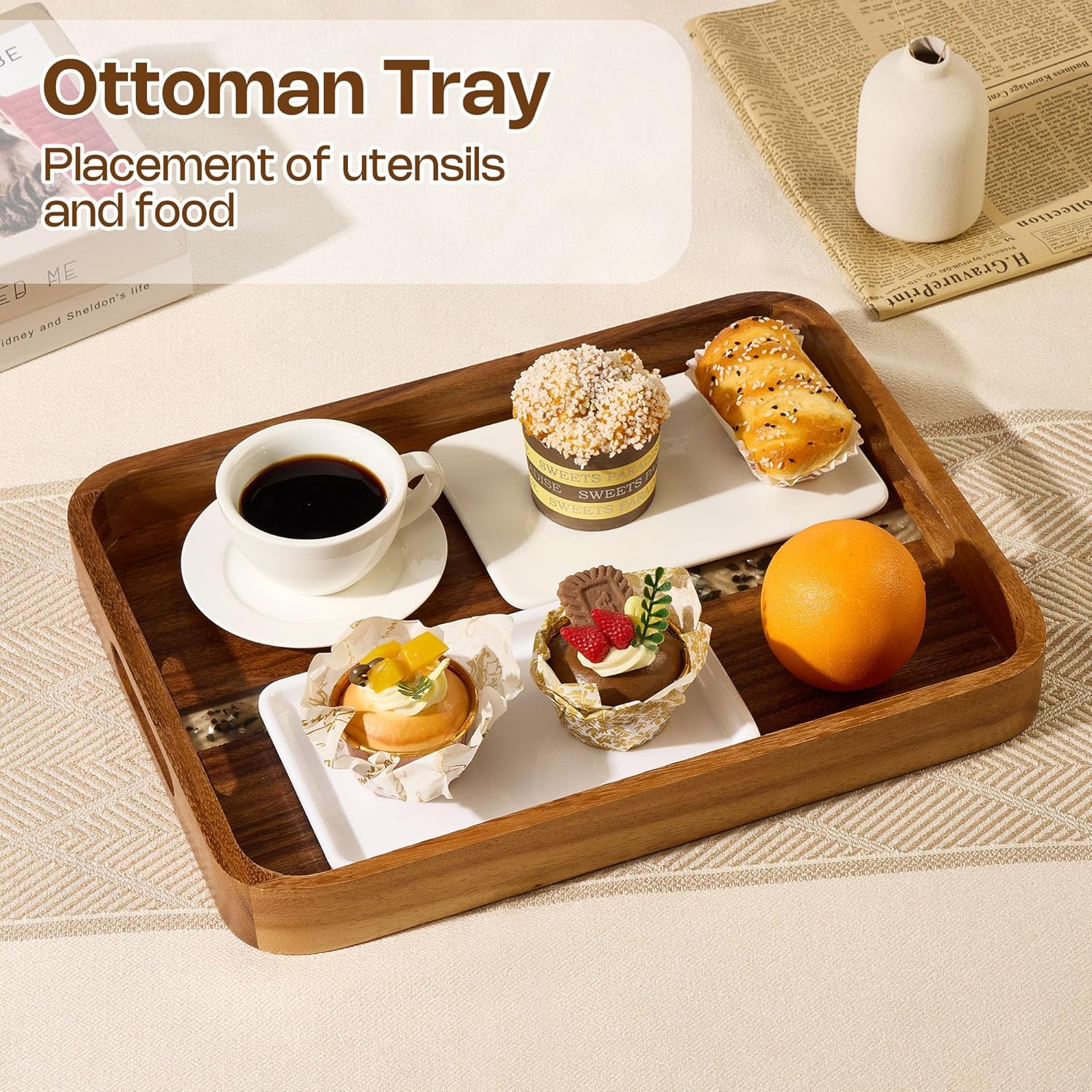 Acacia Wood Serving Tray with Handles - Rectangular Decorative Ottoman Tray for Living Room, Breakfast in Bed, Coffee Table Tray for Decor, Desktop Organizer, 16"x12" - Image 7