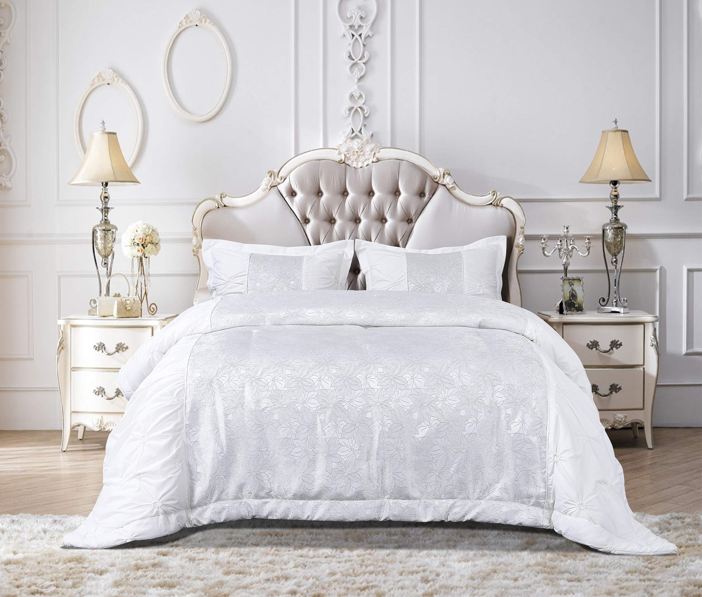 Bedspread set 3 Piece Comforter Jacquard Quilted Bed throw With Pillow Shams (Maya-White, King)