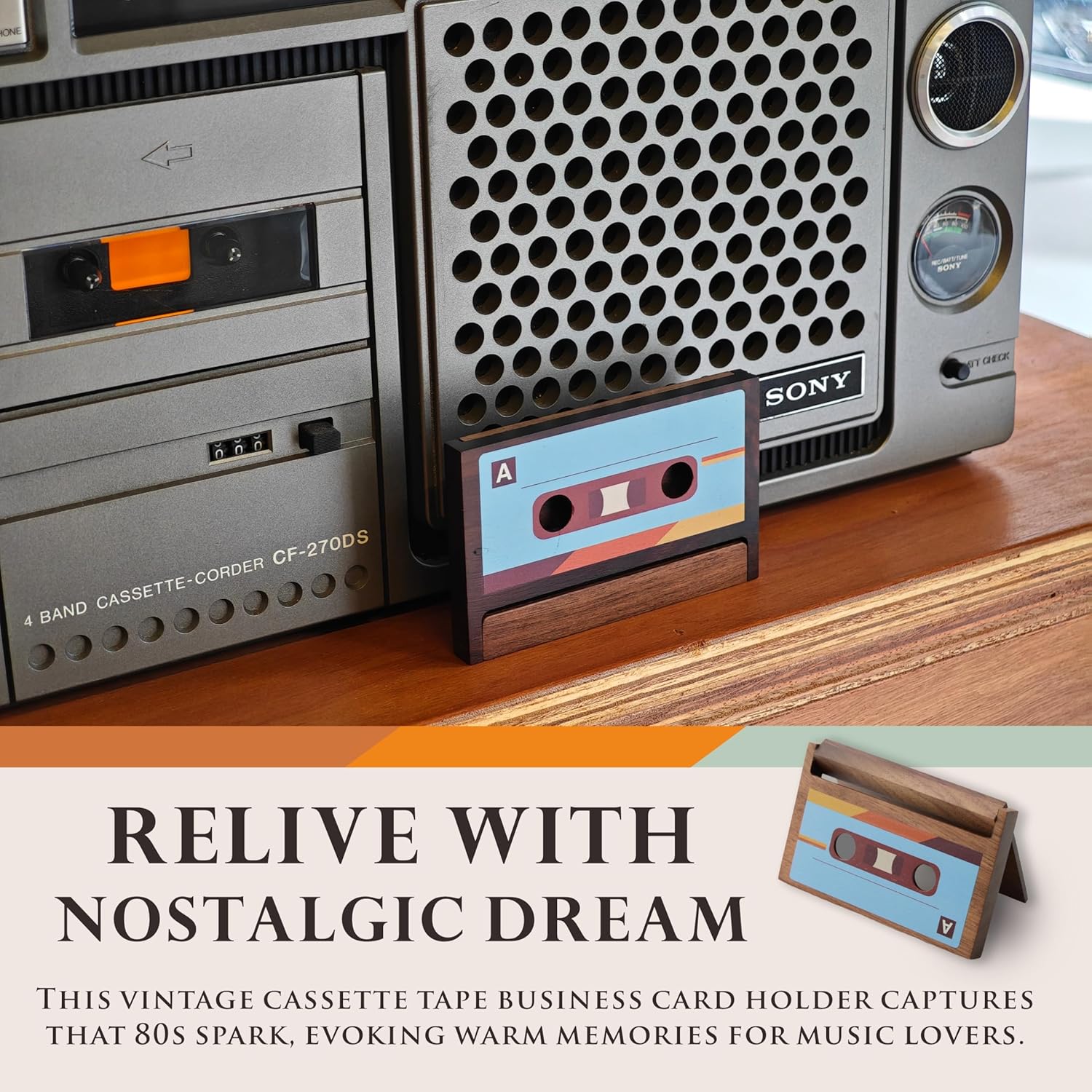 UNIC Retro Cassette Tape Business Card Holder – Natural Walnut Wood Vintage Design, Holds 15–20 Business Cards or 3–4 Credit Cards, Nostalgic Desk Display Stand for Music Lovers and Collectors