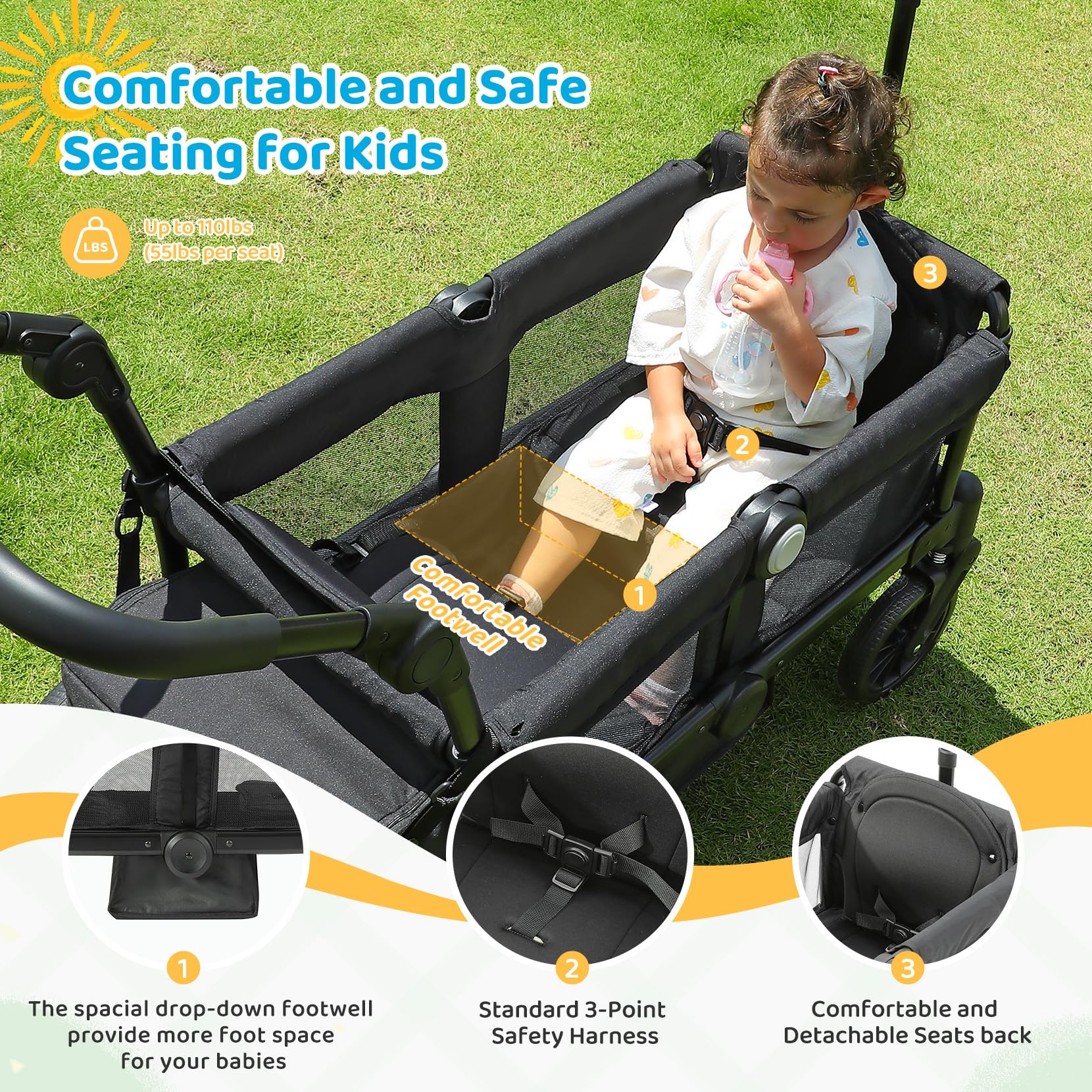 ELEMARA Passeggino per 2 bambino, passeggino pieghevole, carrello multiuso per bambino, carrello con tettoia rimovibile, maniglia regolabile, imbracature, grande borsa