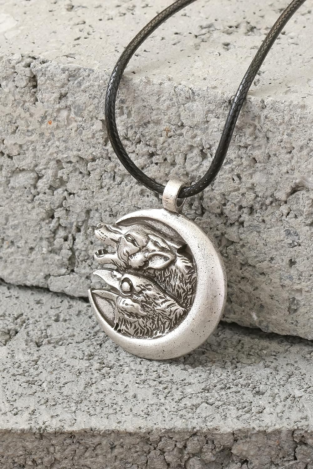 HAQUIL Wolf and Raven Necklace, Wolf and Raven on Crescent Moon Pendant, Faux Leather Cord (AD) - Image 7