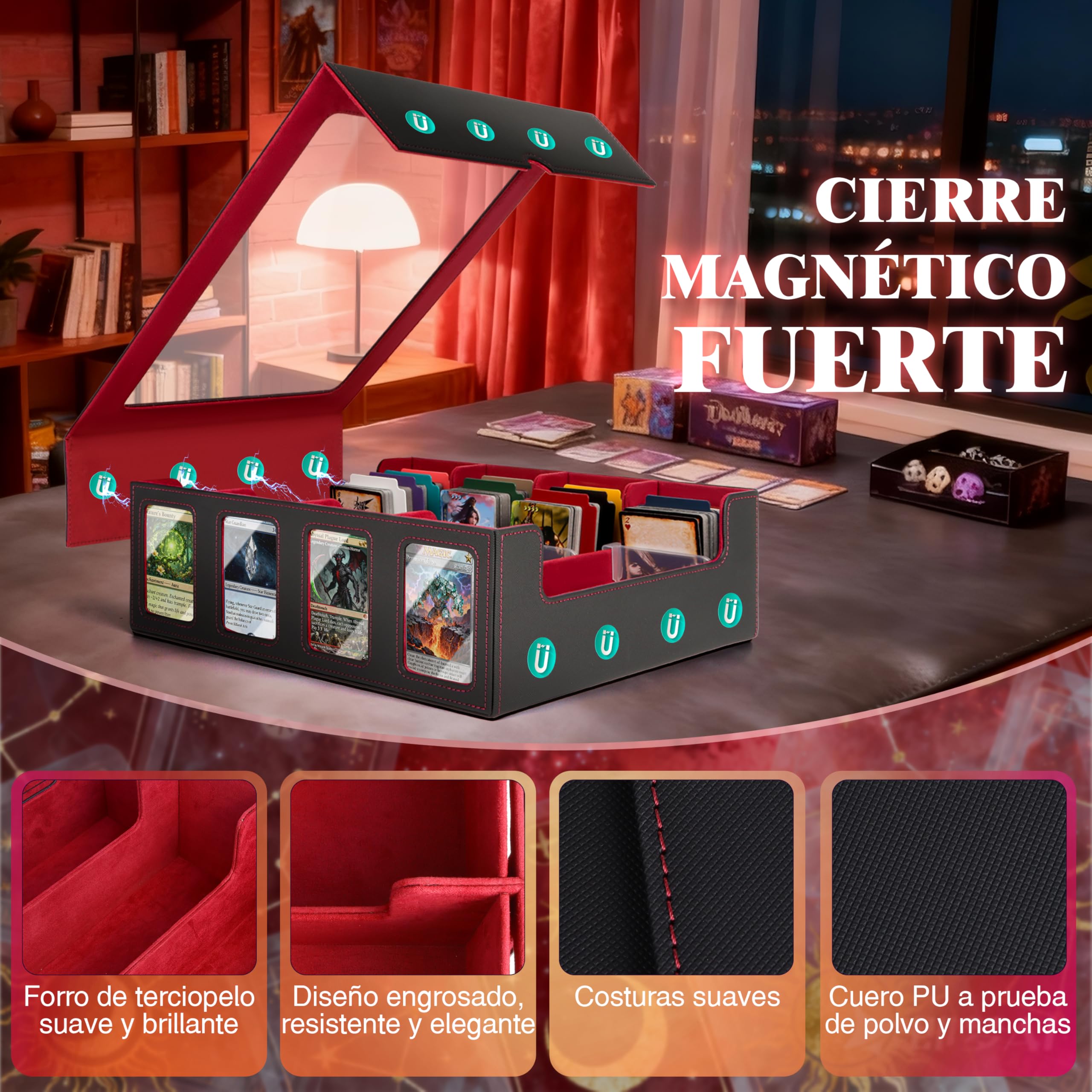 Charmofun Caja Cartas Magic para 2400+ Cards, Deck Box con 10 Divisores de Colores,1 Bandeja, 4 Clips De Cierre, Fundas Cartas, Cajas de Cubierta Magnéticas Premium (Rojo, 2400+)