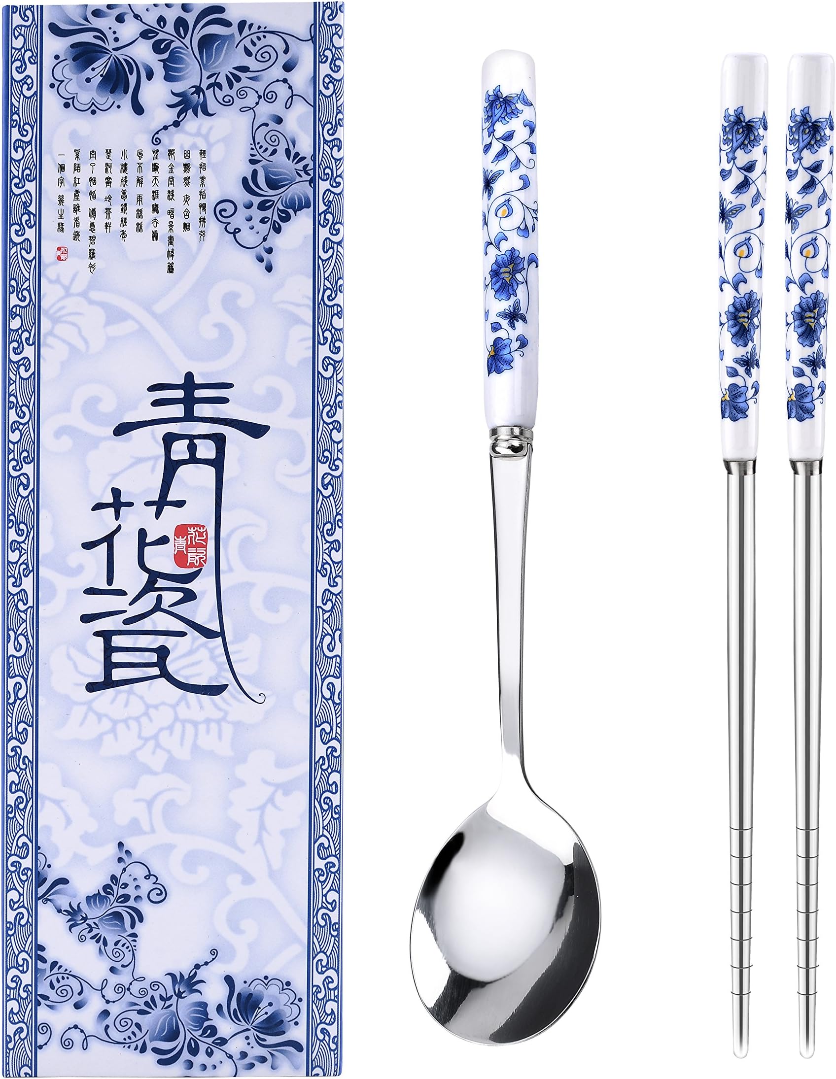 Elegant Stainless Steel Chopsticks and Spoon Set with Blue-and-white Porcelain Handle, Classic Chinese Style, Gift-packaged as Perfect Gift for Share