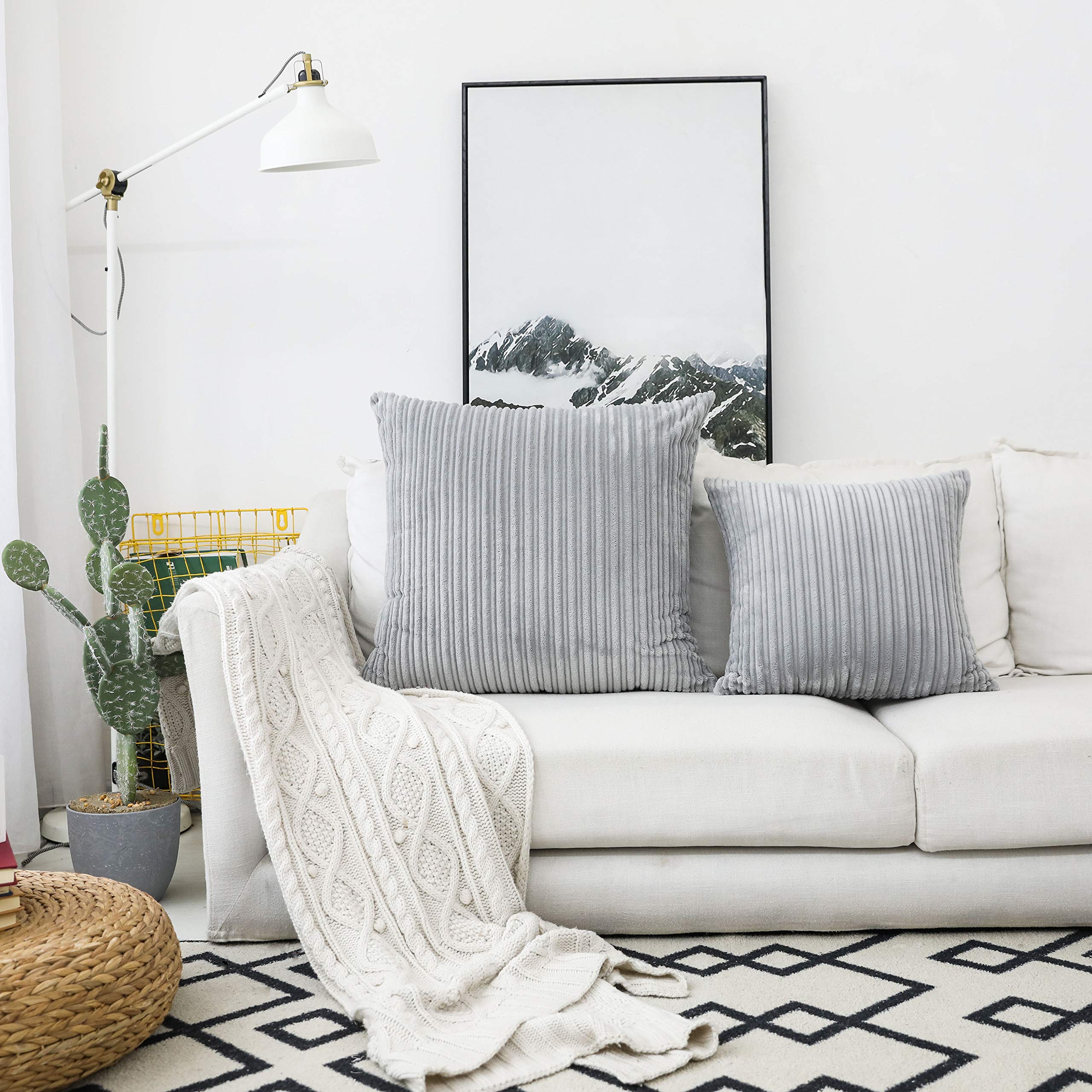 UGASA Velvet Pillow Covers Striped, Decorative Throw Cushion Case with Hidden Zipper for Home Couch/Bedroom/Car, Soft Cozy Solid Square, 1 Pack (24"x24", Light Grey)