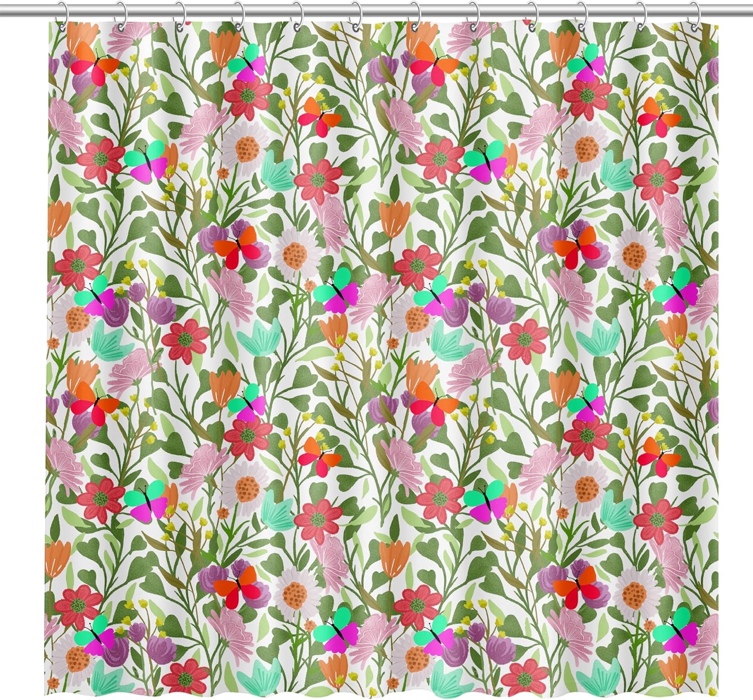 Fabric Floral Shower Curtain for Bathroom with Cute Butterfly Floral Design Popping with Pink, Purple, Teal, Red, and Green Flowers and Butterflies on Washable Waterproof Fabric