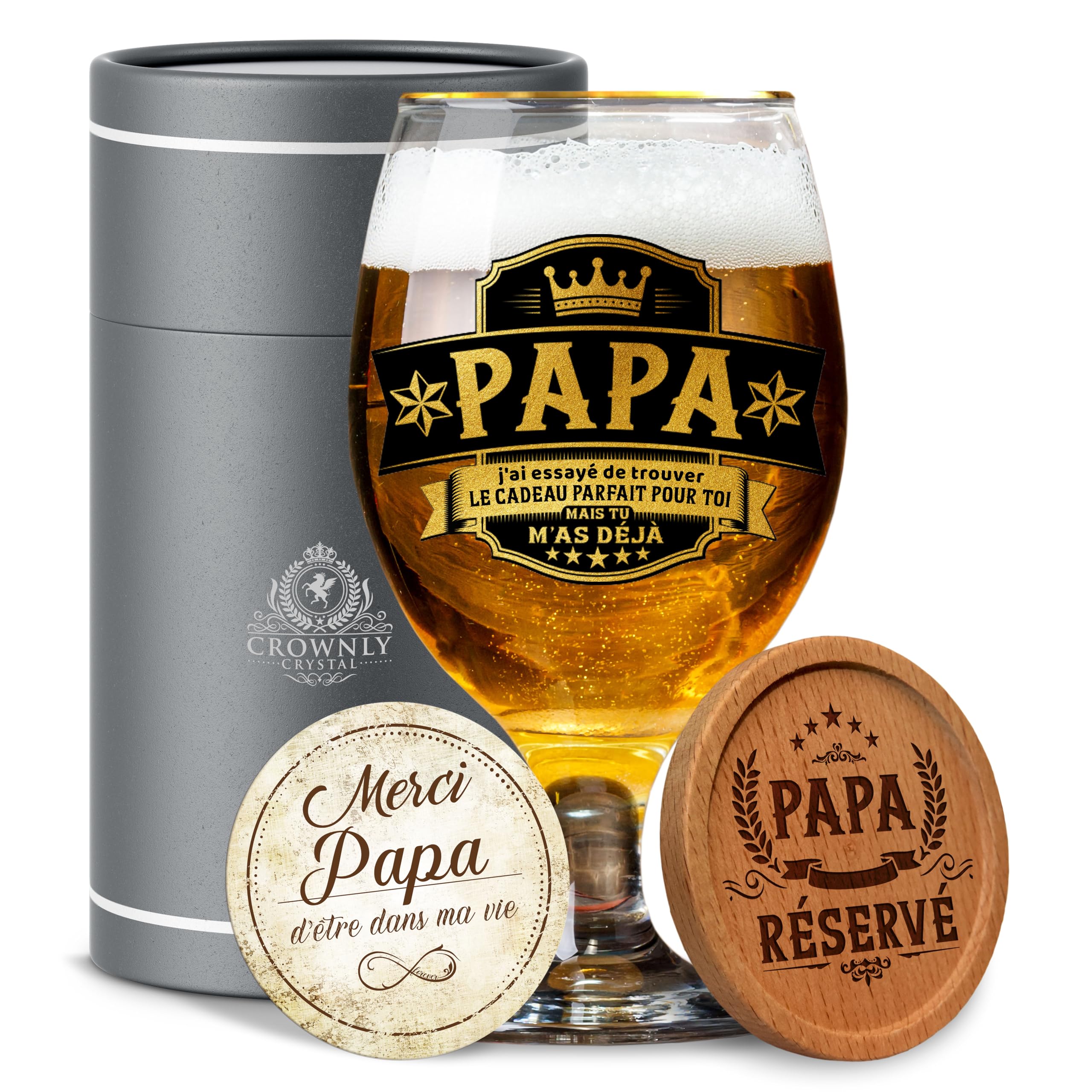 CROWNLY CRYSTAL® Verre à Bière Personnalisé Cadeau Papa Drôle Original Anniversaire Fête des Pères Idée Cadeau Homme