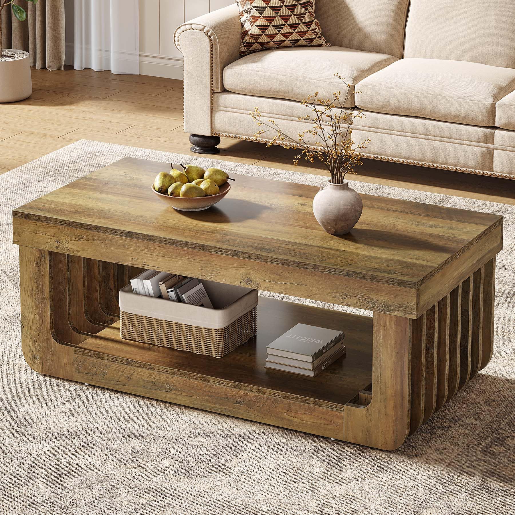 Tribesigns Tavolino Da Caffè Rettangolare In Legno 119 Cm, Stile Rustico, Con Base A H E Angoli Arrotondati, Marrone - 3