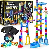 NATIONAL GEOGRAPHIC Glowing Marble Run – 80 Piece Construction Set with 15 Glow in the Dark Glass Marbles & Mesh Storage...