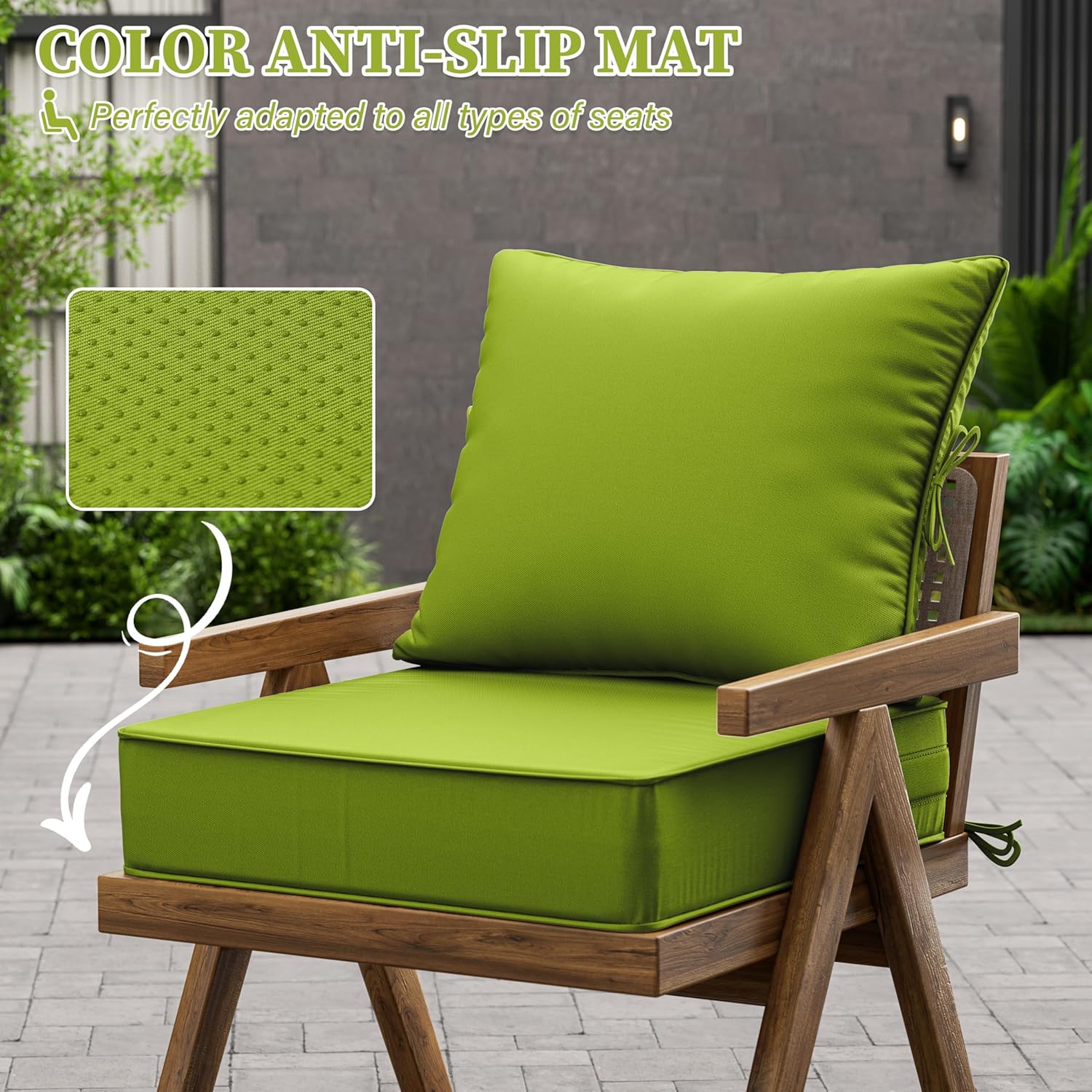 Outdoor Seat Cushion Set 24 L × 24 W × 5 H Inch Waterproof & Fade Resistant Patio Furniture Cushions with Removable Cover with Handle and Straps for Sofa Chairs, Chairs, Grass Green