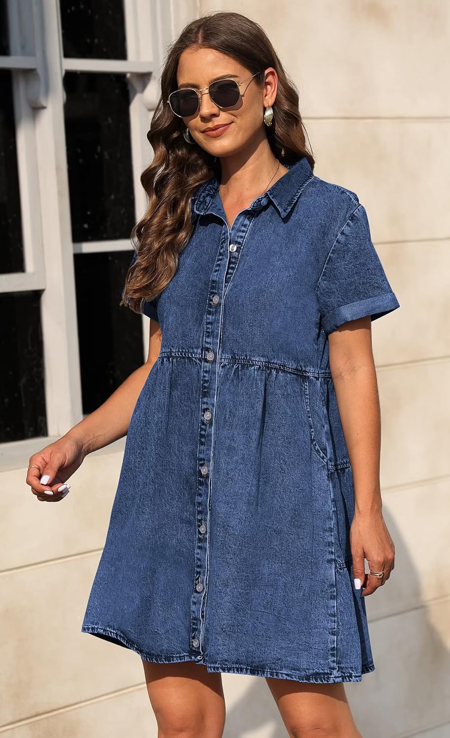 KDF Denim Dress for Women with Pockets Short Sleeve Babydoll Denim Shirt Dresses for Women 2025 - Image 5