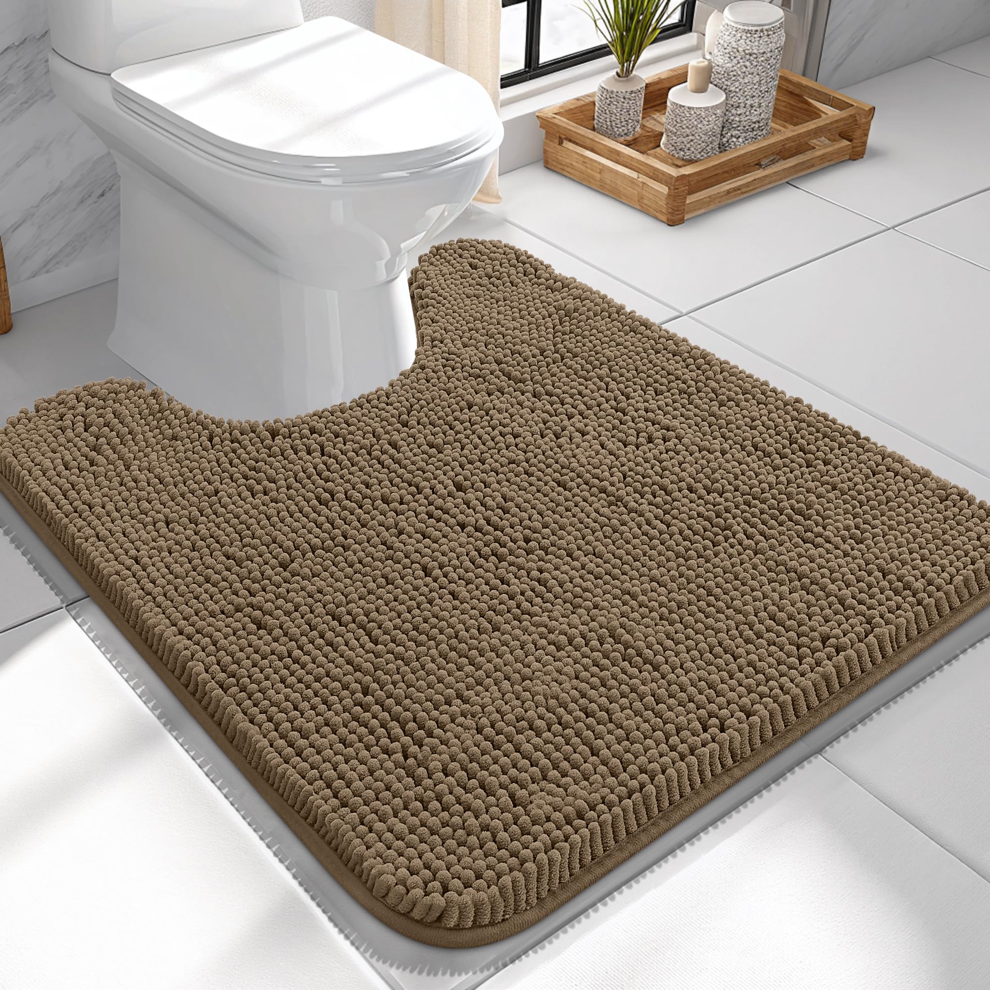 OLANLY Toilet Rugs U-Shaped 24x24, Soft Absorbent Chenille Contour Rugs | Tan, Quick-Drying Rubber Backing, Machine Washable Non-Slip Shaggy Bathroom Mat for Toilet, Home Decor Accessories