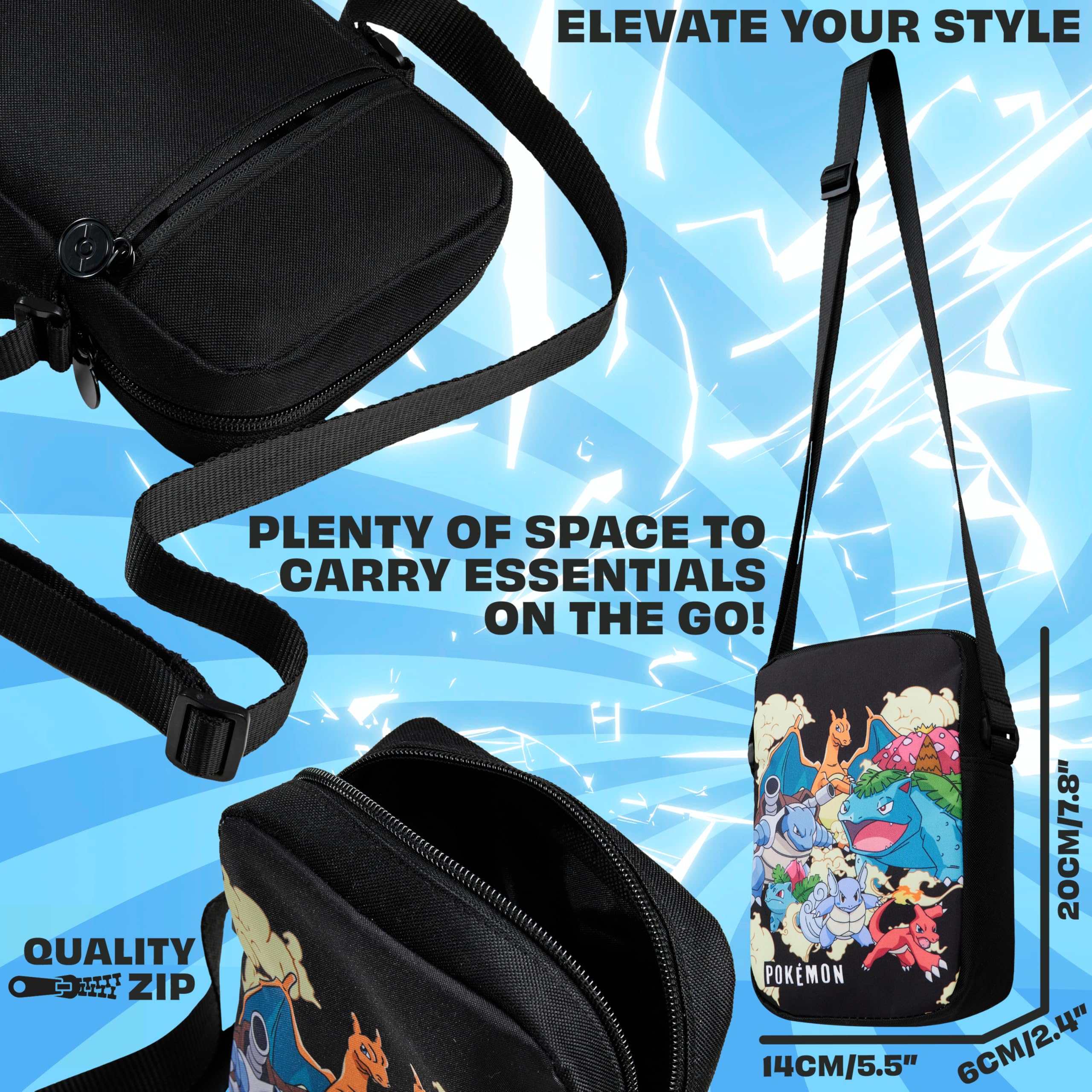 Pokemon Crossbody Bag for Kids, Small Shoulder Bag for Travel, Pikachu Gengar Eevee, Anime Gifts for Girls