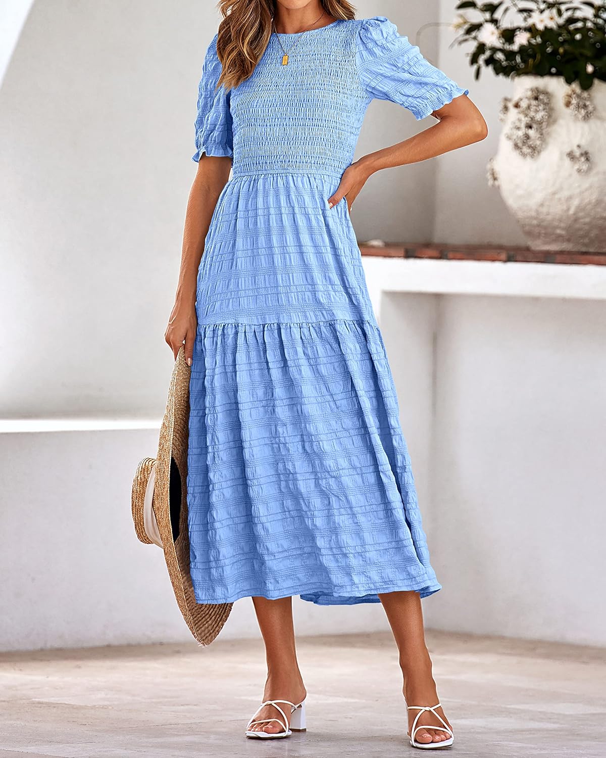 dowerme Womens Summer Dresses 2026 Casual Puff Short Sleeve Crewneck Smocked Flowy Ruffle Boho Beach Party Maxi Sundress - Image 4