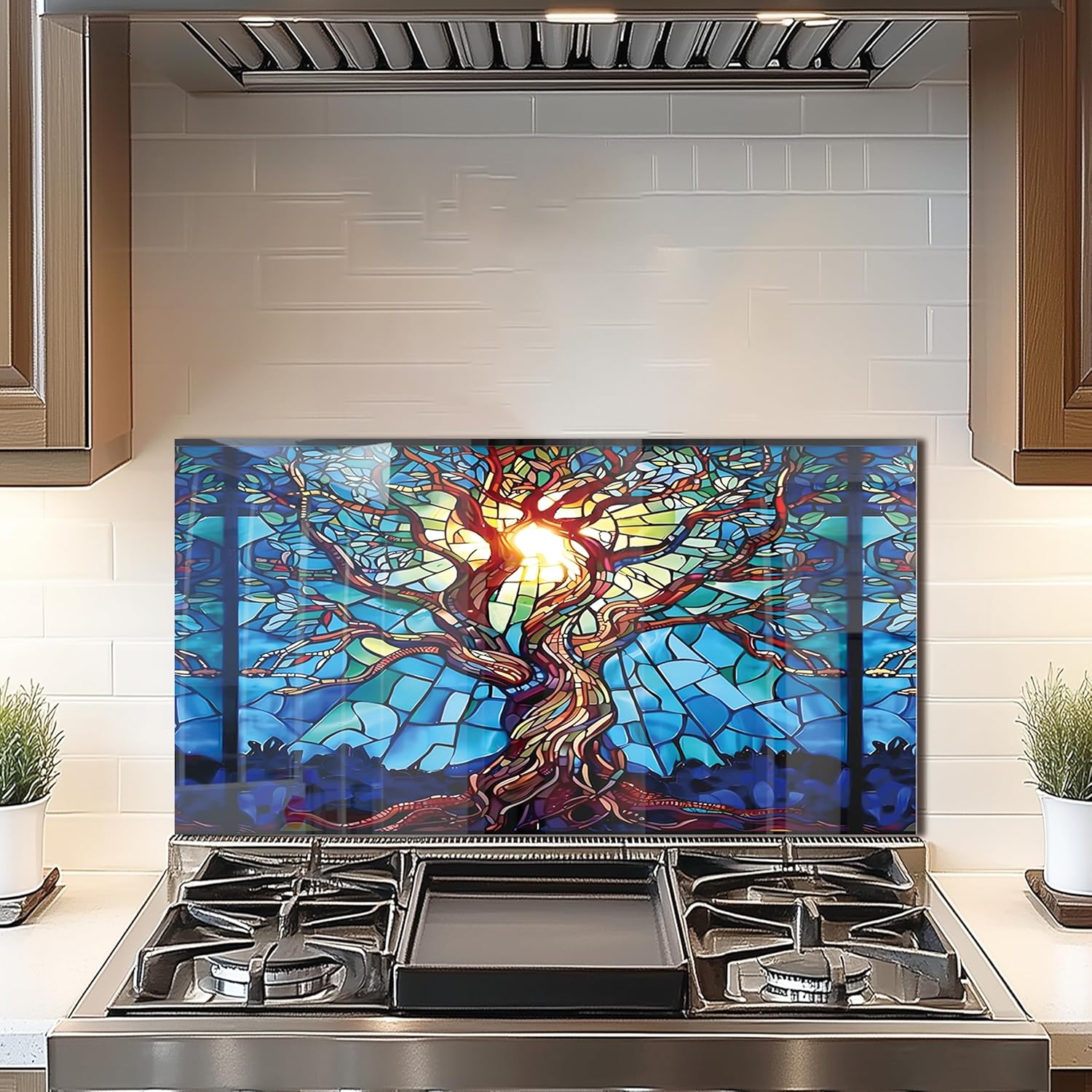 DAIFURONGE Tempered Glass Backsplash for Kitchen, Tree of Life Art Stove Backsplash Protector - Easy to Clean Wall Decor (Art Deco 3, 30"x16"(76.2x40.64cm)) Art Deco 3 30"L x 16"W
