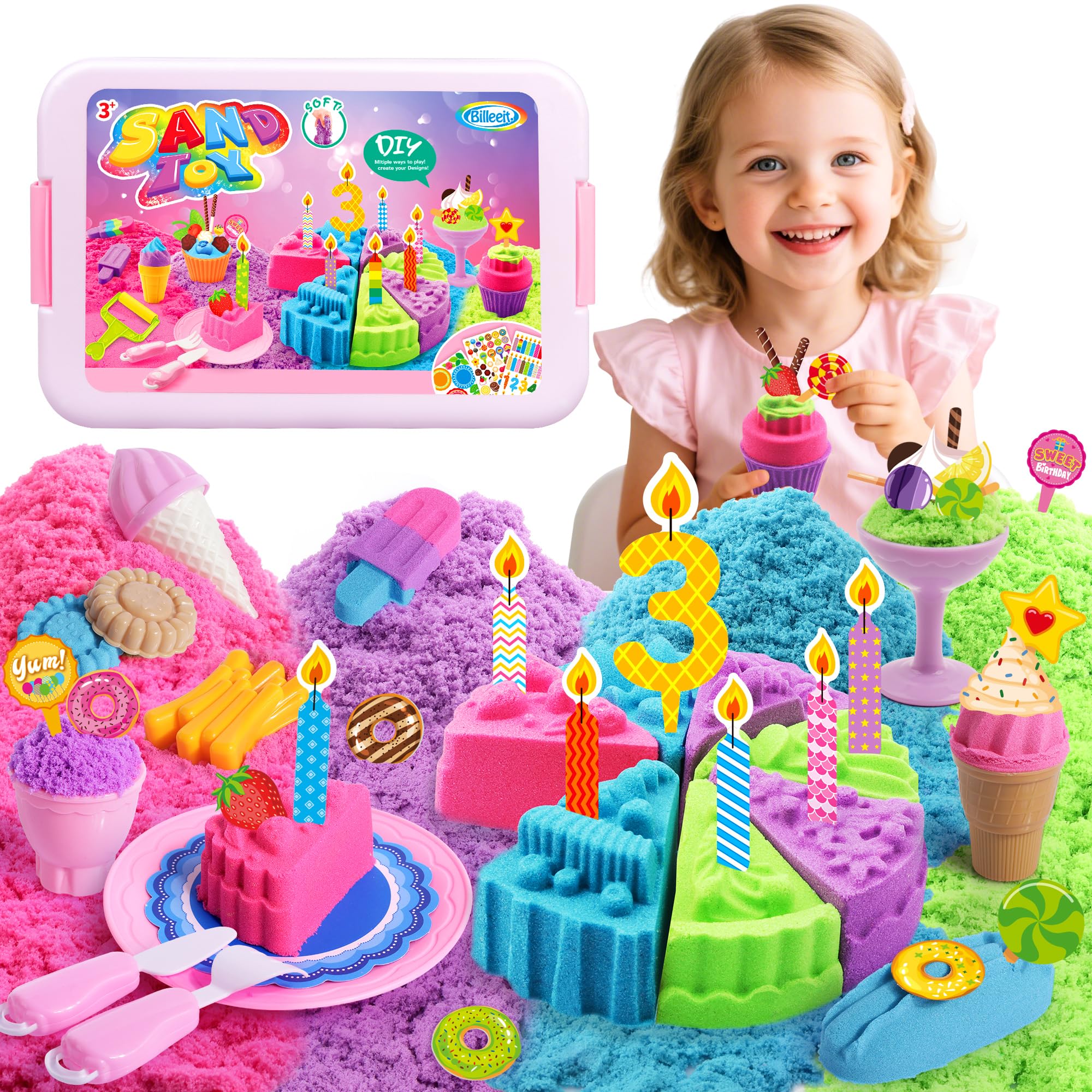 Billeeit Cake & Ice Cream Sensory Bin Sand Toy, Play Sand Kit Sensory Toys w/lid and 4 Color Magic Sand 2.2lbs, Molds, Tools Set 43pcs Total for Toddlers, Sensory Play Sand Bin Fun Gift for Kids 3+