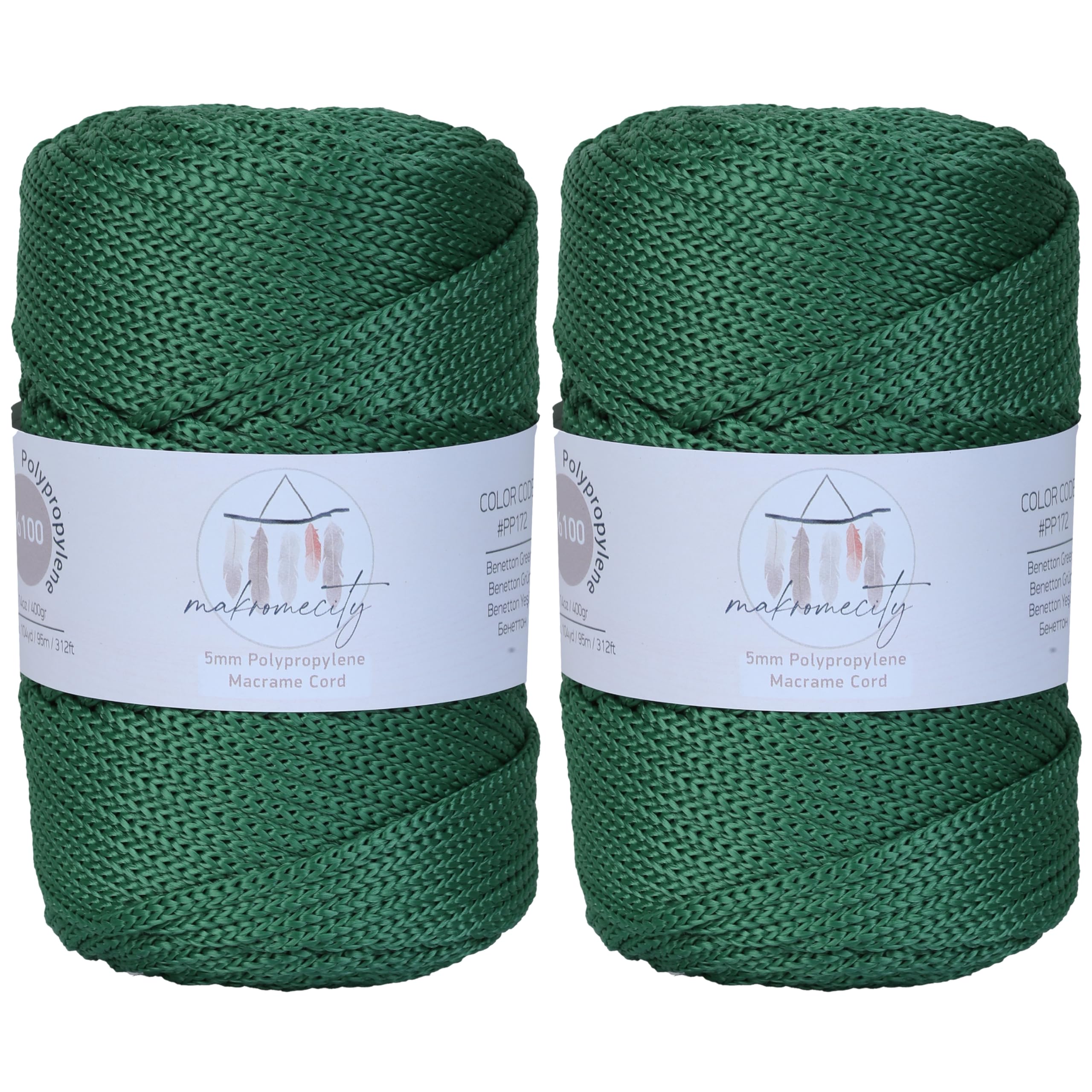 Makromecity, 2 Skeins of Polyester Macrame Cord 5mm x 104 Yards (311 feet) 5mm Polypropylene Benetton Green Macrame Cord Crochet Macrame Bag Cord Crafts for Wall Hangings, Bags, Underplate, Rug
