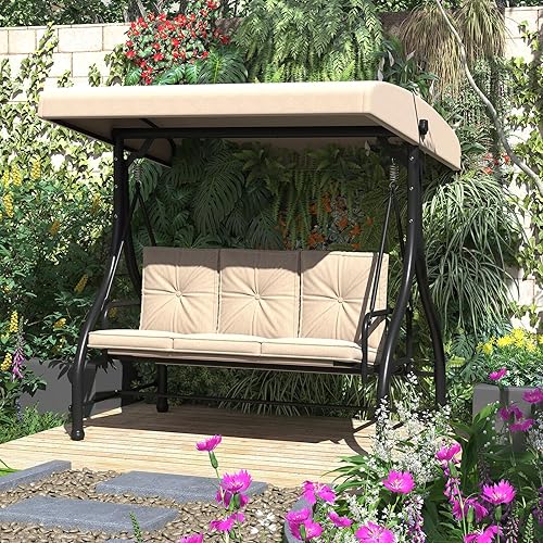 Miniatura 8 de U-MAX Silla columpio para porche con respaldo y toldo ajustables, columpio de patio de 3 asientos con dosel, columpio convertible 2 en 1 para