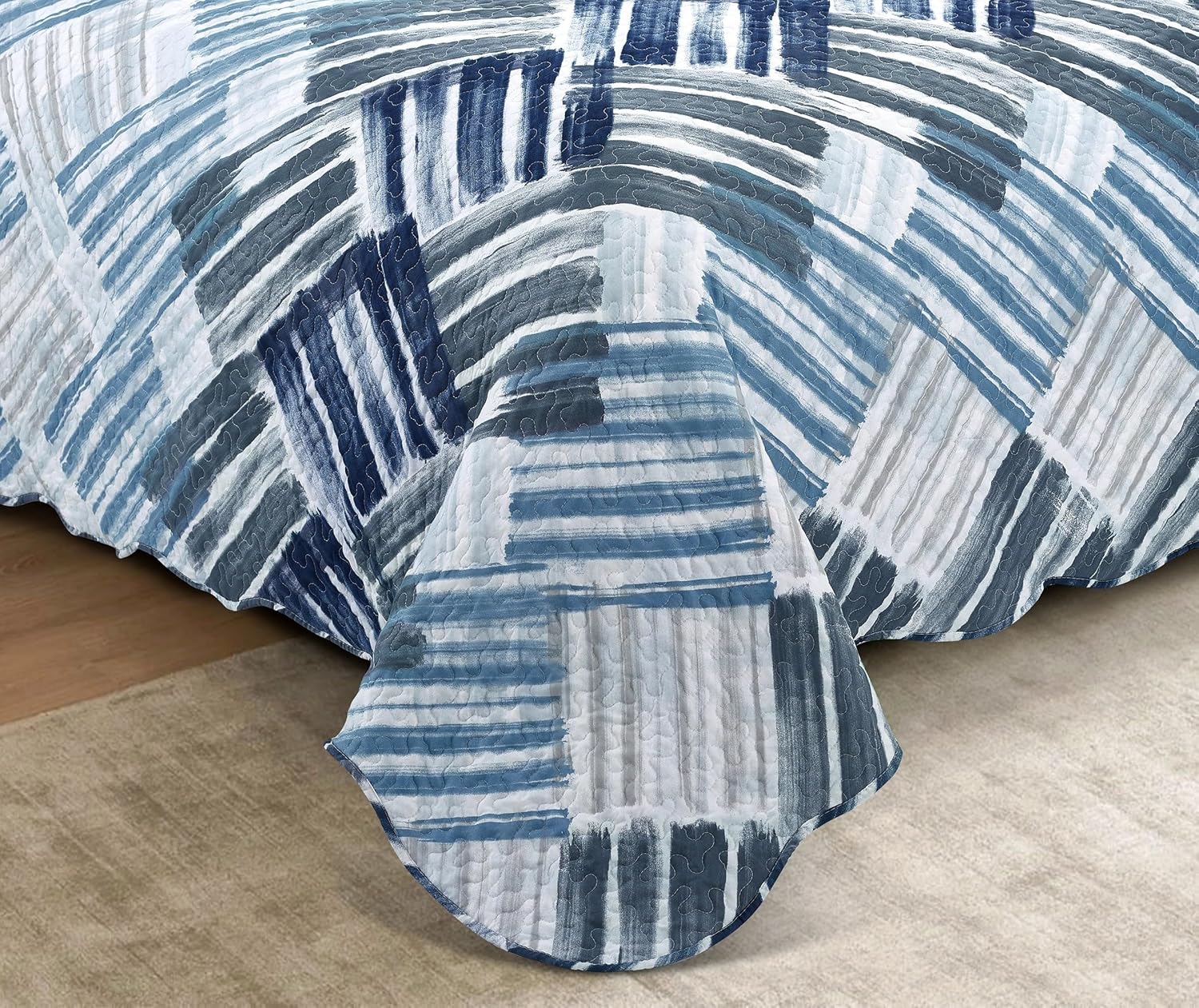 Brilliant Sunshine Blue and Grey Stripe Blocks Patchwork, 2-Piece Quilt Set with 1 Sham, Reversible Bedspread, Soft Lightweight Coverlet, All-Season, Twin, Blue Grey - Image 4