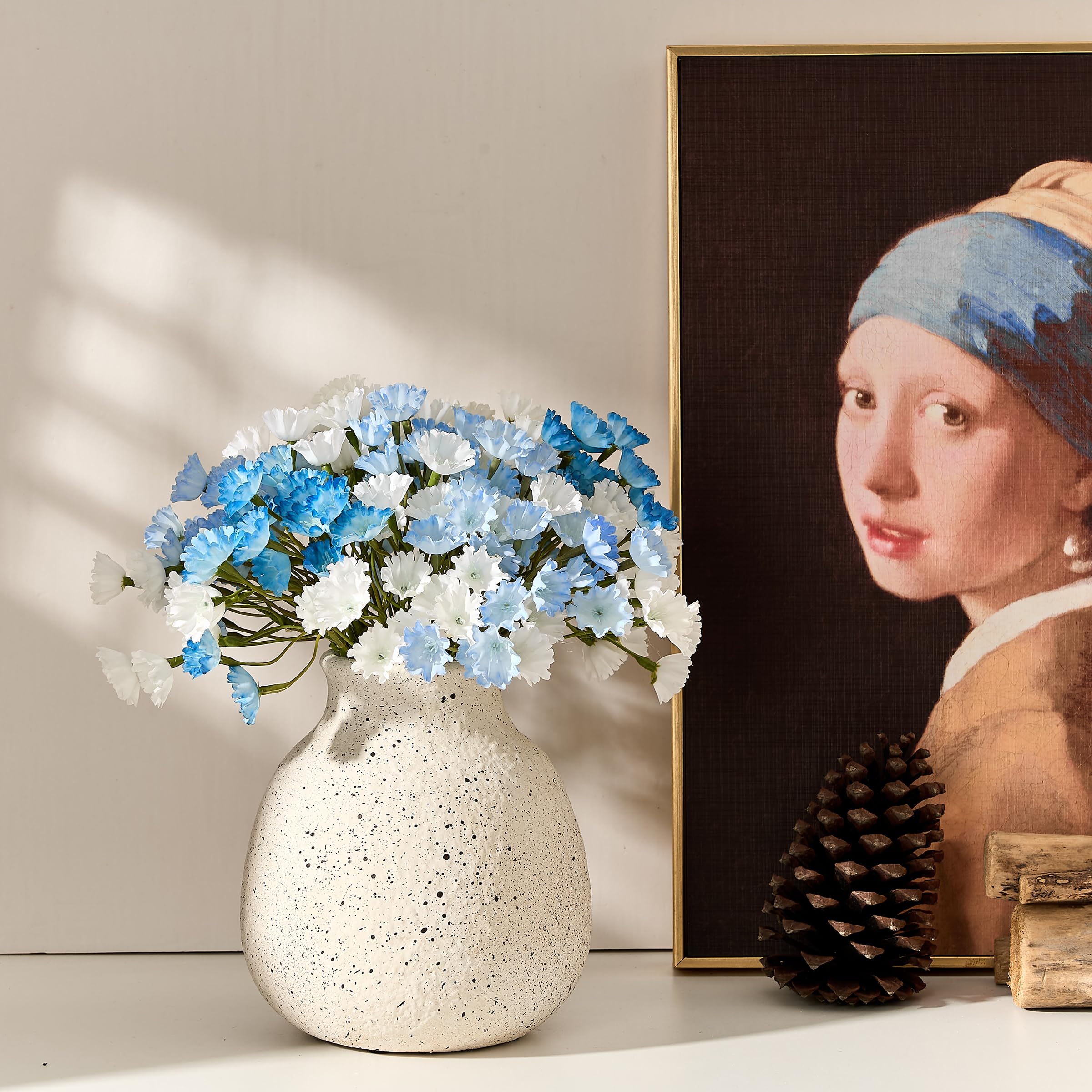 PORCER Vaso da fiori rustico in ceramica, 15 cm, grazioso bohémien, per decorazione domestica, vaso in terracotta per soggiorno, tavolo, mensola, decorazione per camino, casa colonica, bianco