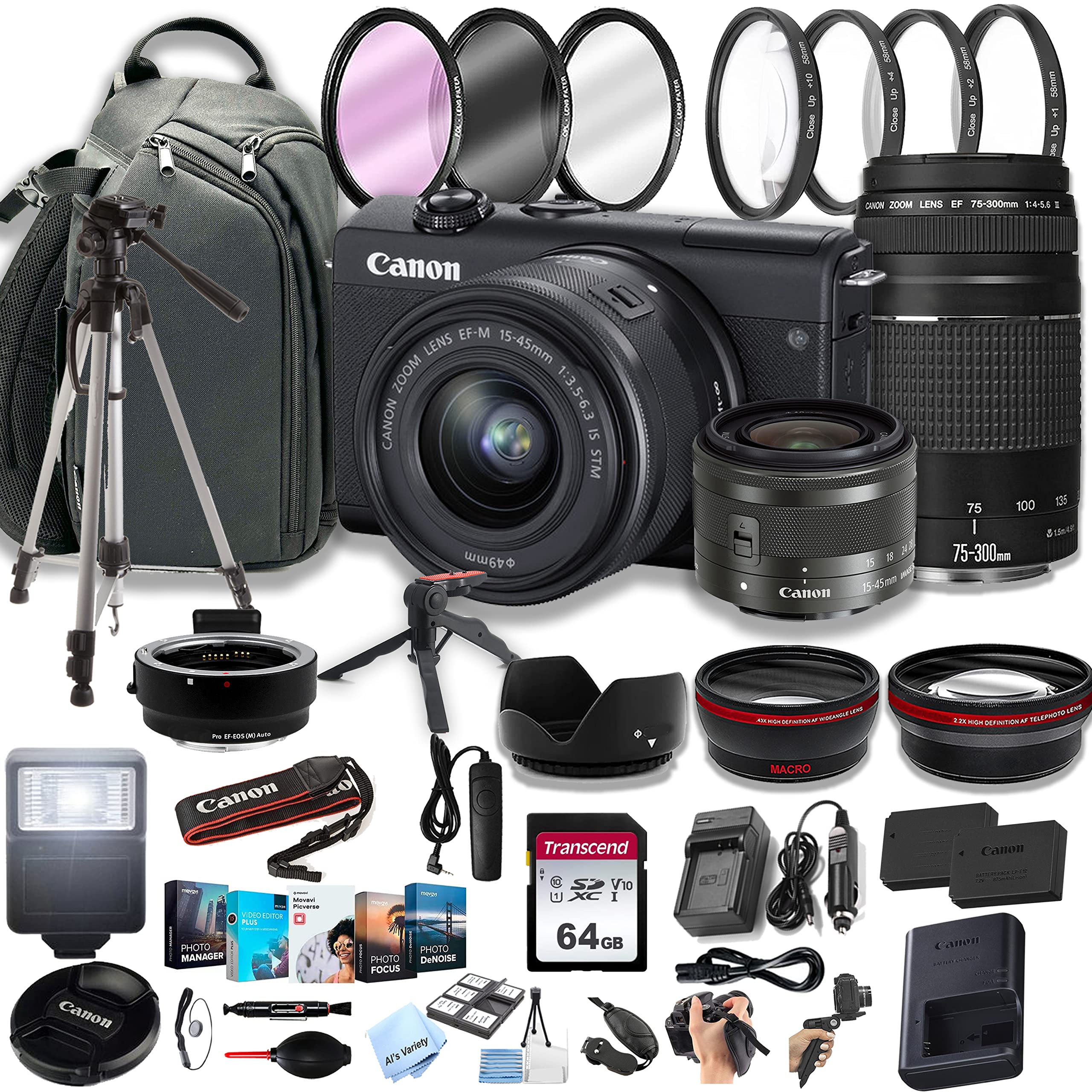 Canon EOS M200 Mirrorless Digital Camera with EF-M 15-45mm f/3.5-6.3 is STM Lens + 75-300mm F/4-5.6 III Lens+ 64GB Memory Card, Professional Photo Bundle (42pc Bundle)