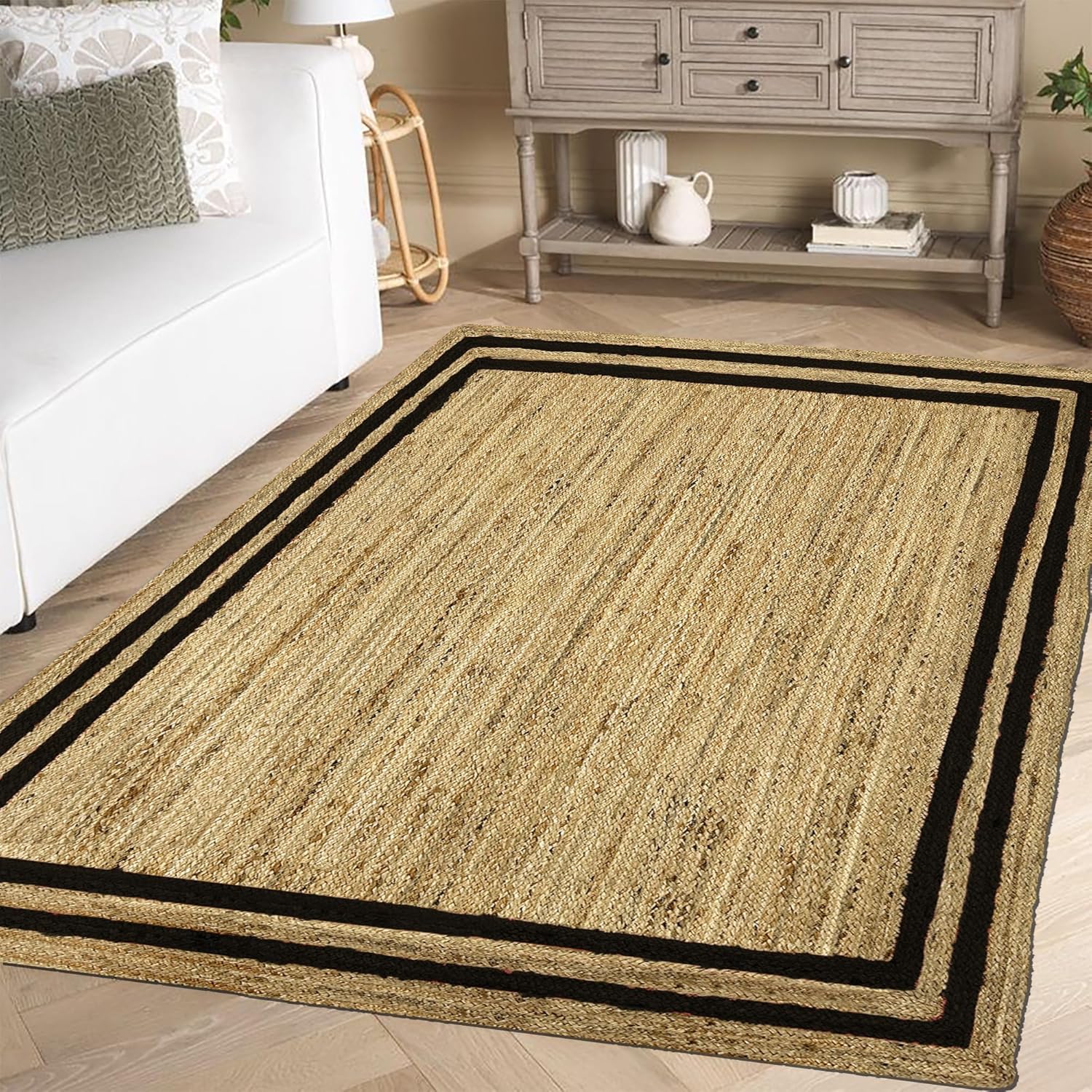 Hand Braided Jute Runner Rug 2.6x12 Ft Rustic Vintage Handmade Area Rugs Black Border Pattern Rug Ideal for Hallway Entryway Kitchen Large Area Home Décor