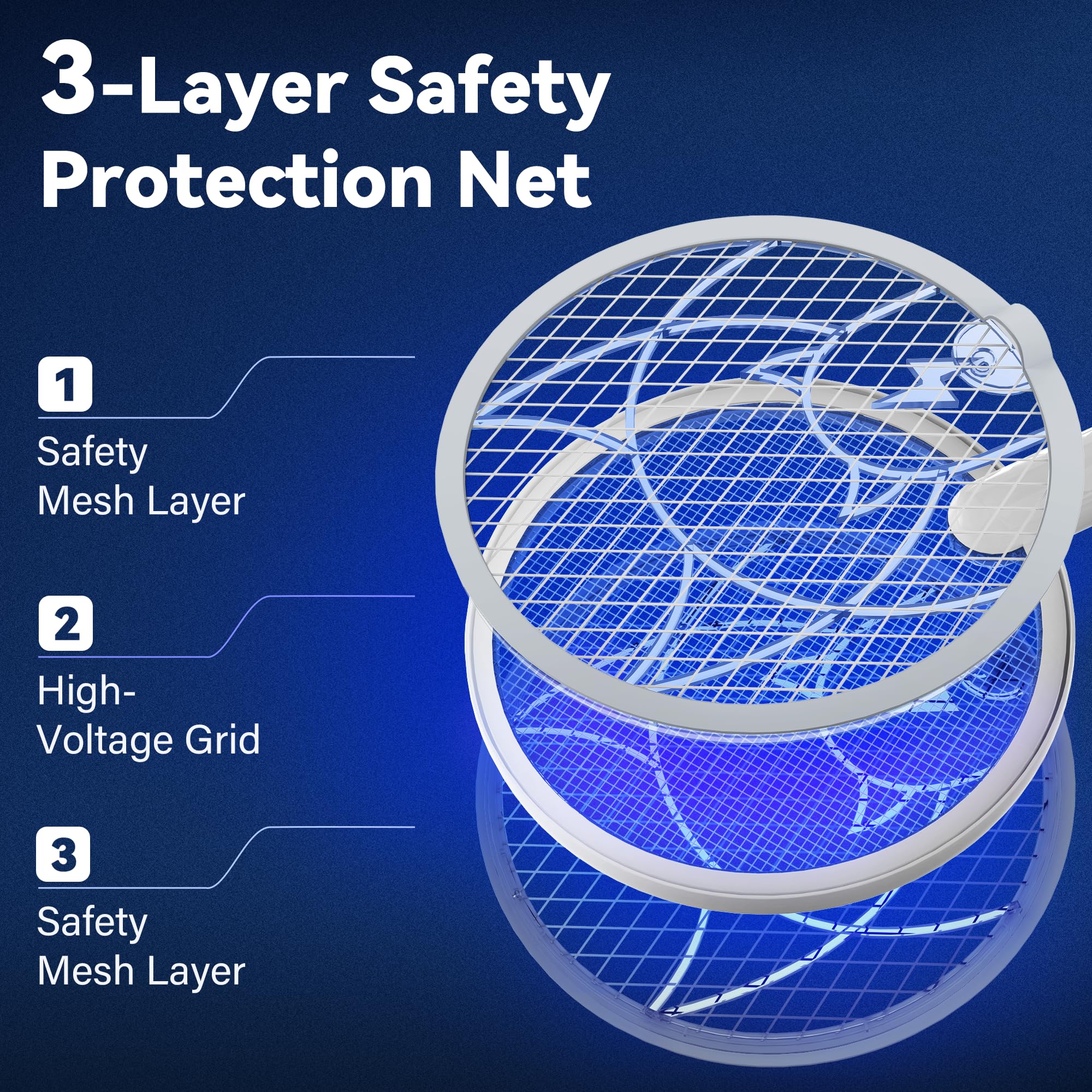 Nymrix Raqueta eléctrica matamoscas 2 en 1, matamosquitos de 4100 V, matamosquitos de mano con batería recargable de 1800 mAh, luz púrpura y malla de seguridad de 3 capas para interiores y exteriores