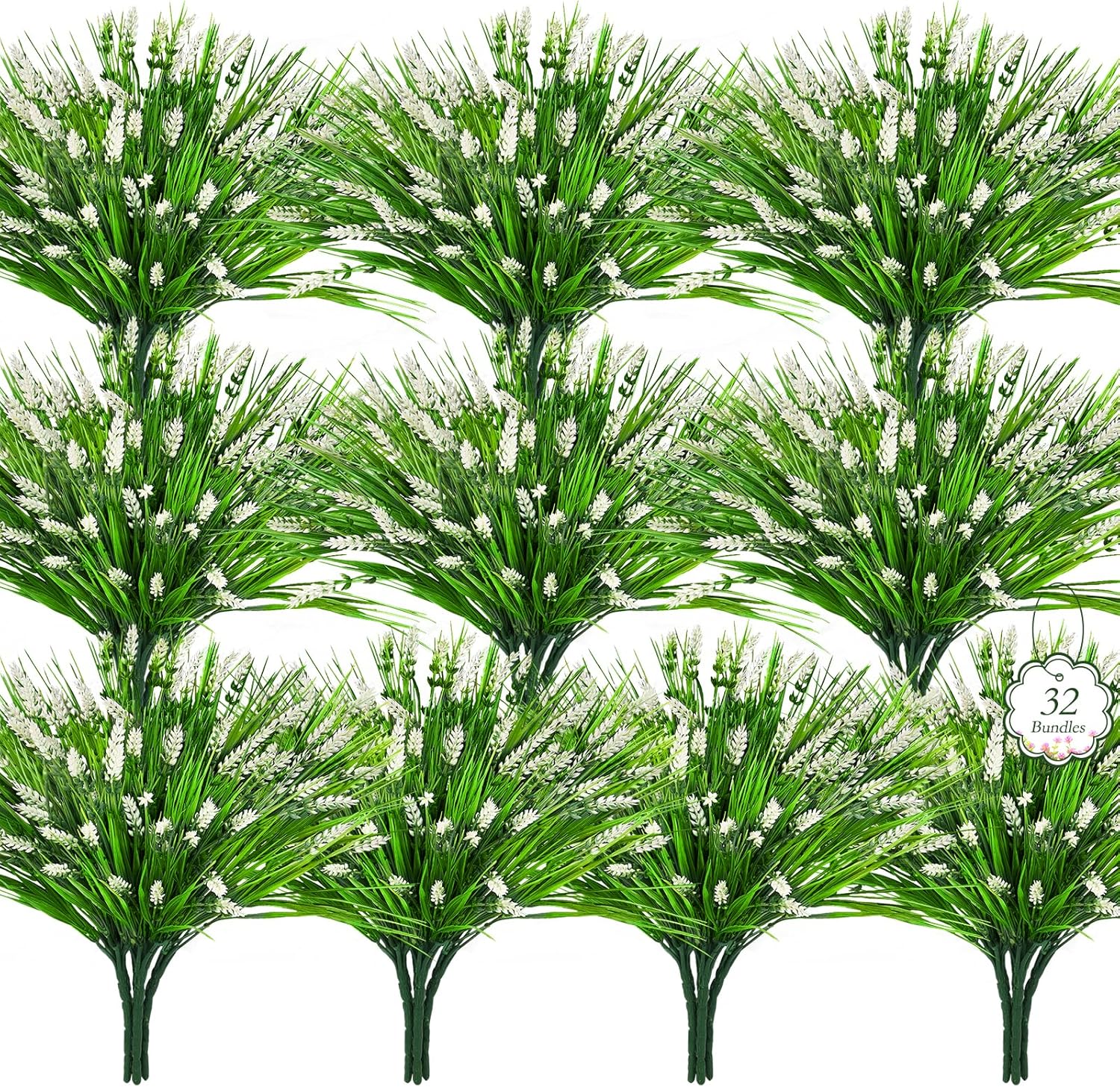 32 Bundles Artificial Lavender Plants Outdoor - Faux Lavender with Monkey Grass UV Resistant Fake Flowers for Garden Patio Window Hanging Baskets Decor Planter Pathway Front Porch(White)