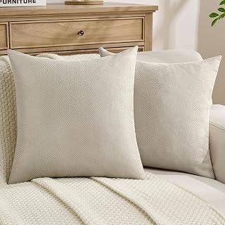 FUTEI Pack of 2 Chenille Throw Pillow Covers 18x18 Inch, Beige | Elegant Herringbone Textured Design,Side Hidden Zipper,Machine Washable,Pill-Resistant,Colorfast,Insert Not Included.
