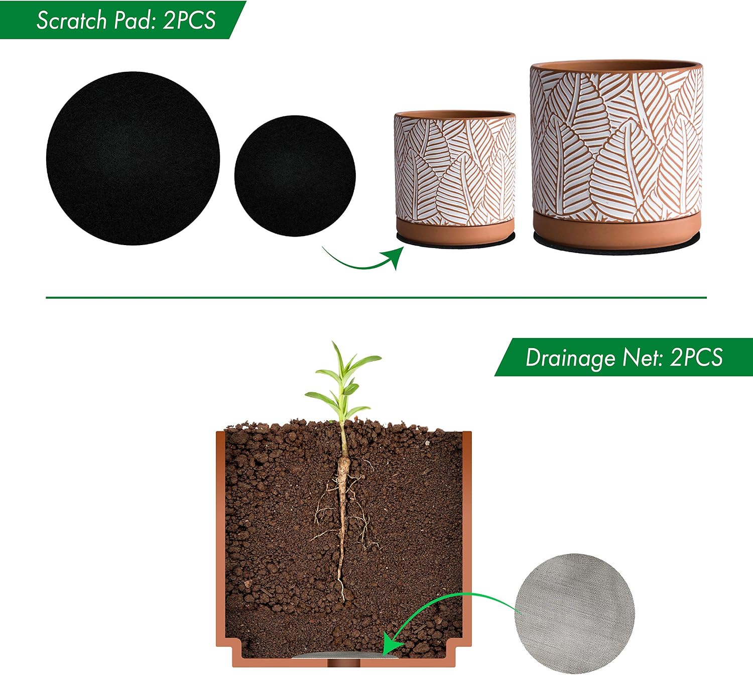 Set of 2 Terracotta Pots, Broadleaf Pattern Planter Pot, 4 Inch and 6 Inch, Pot with Drainage Hole and Saucer, Terracotta/White, 31-958-H-1