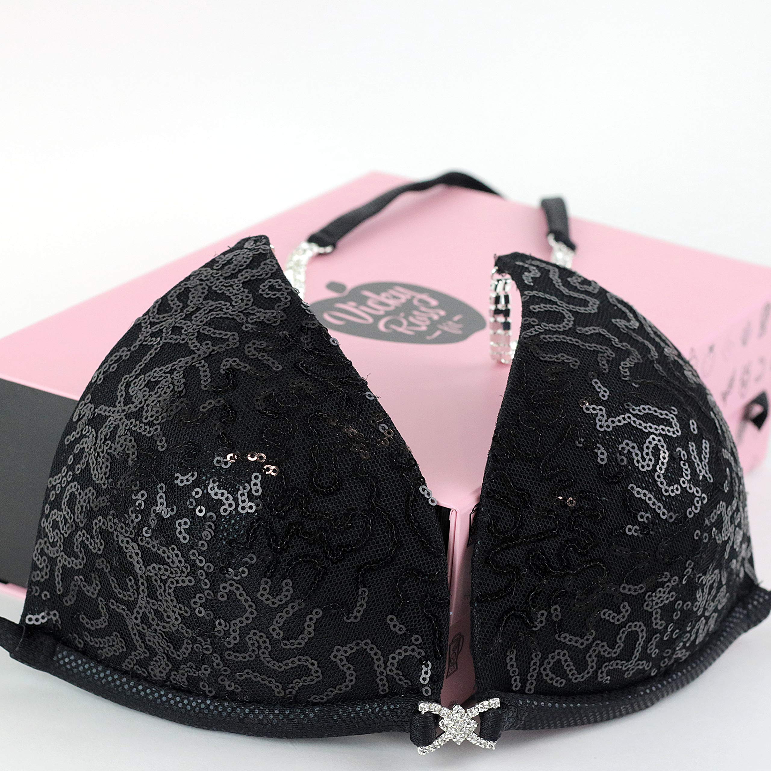 Vicky Ross Fit Black Sequin Posing Bikini for Women Handmade Fitness Competition Bikini