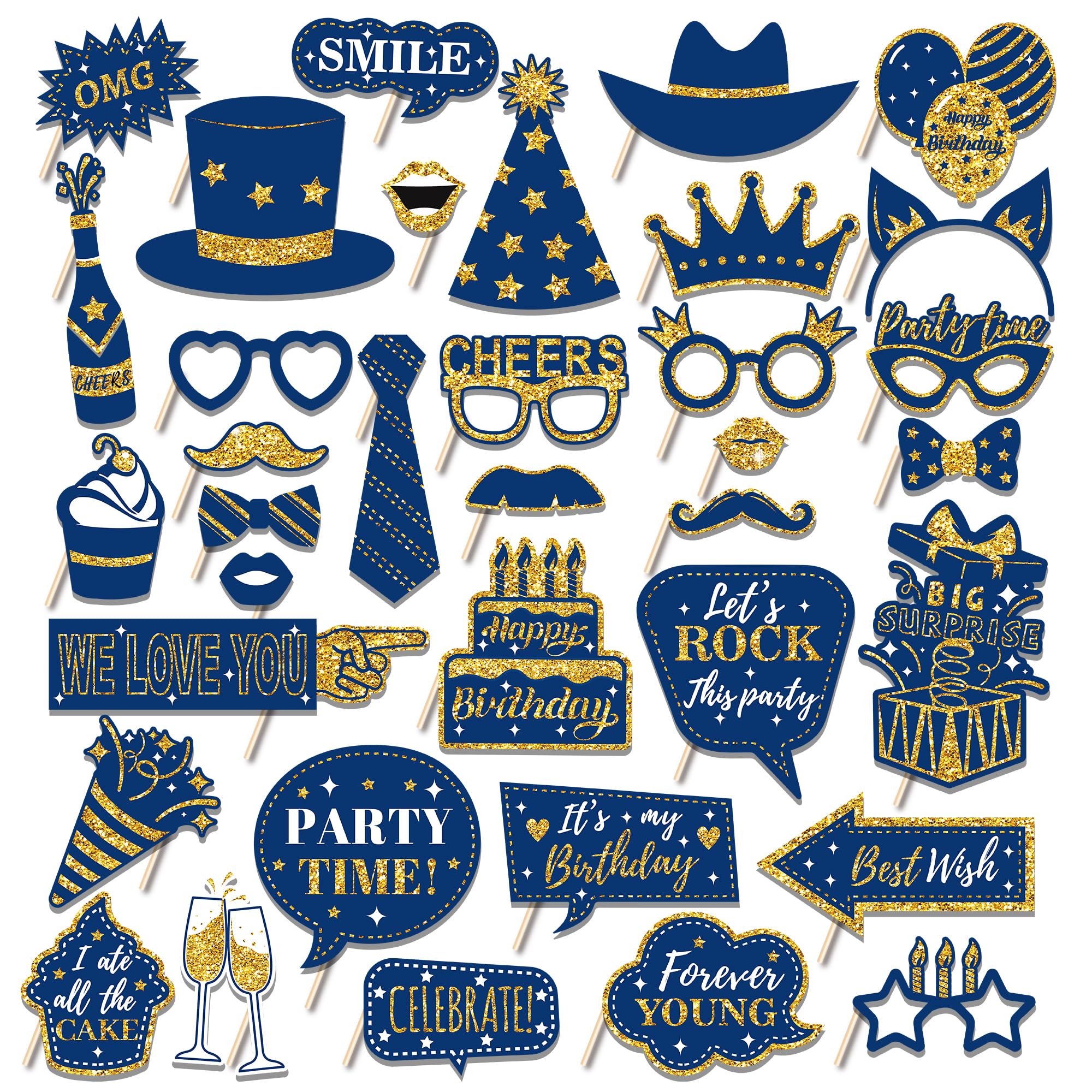 Set 38 Pezzi Accessori Fotografici Per Feste - Nero E Oro, Per Compleanni, Matrimoni, Halloween, Natale, Selfie E Cabine Fotografiche