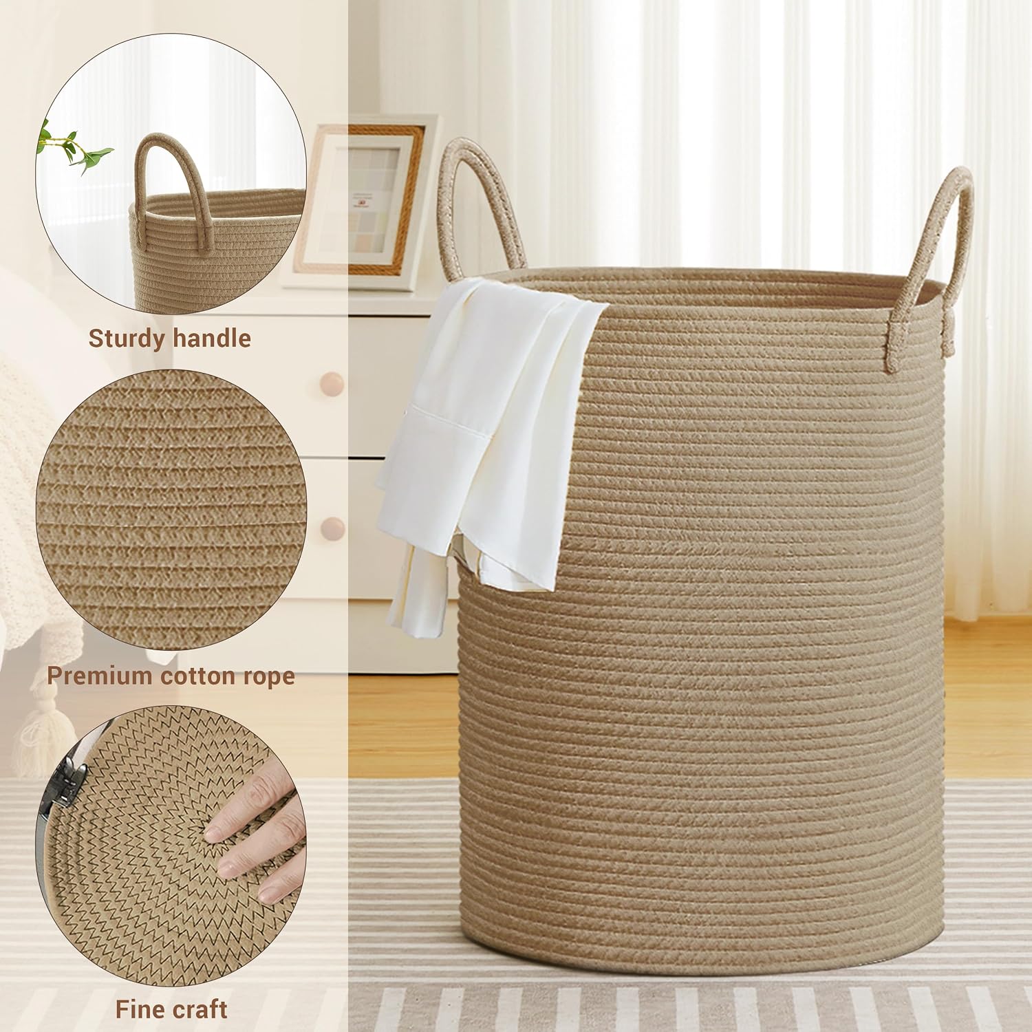 100L Extra Large Tall Cotton Rope Laundry Basket with Handles, Jute image 3