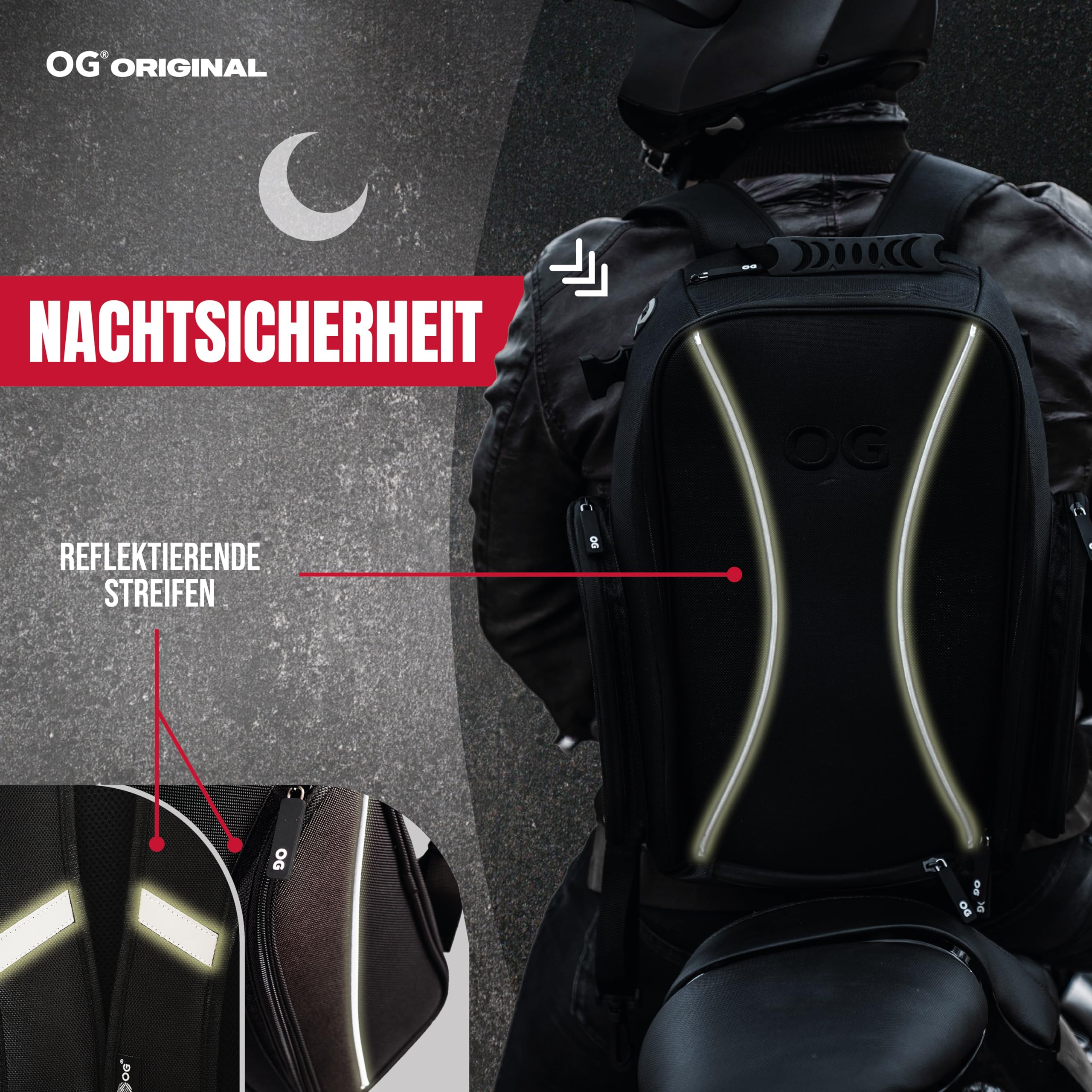 OG Original Motorrad Rucksack GO Schwarz Wasserdicht, 20L, Motorradhelm-Tasche, Helm-Trageriemen, Biking, Mann, Laptop-Fach, Reflektierend, Anti-Diebstahl