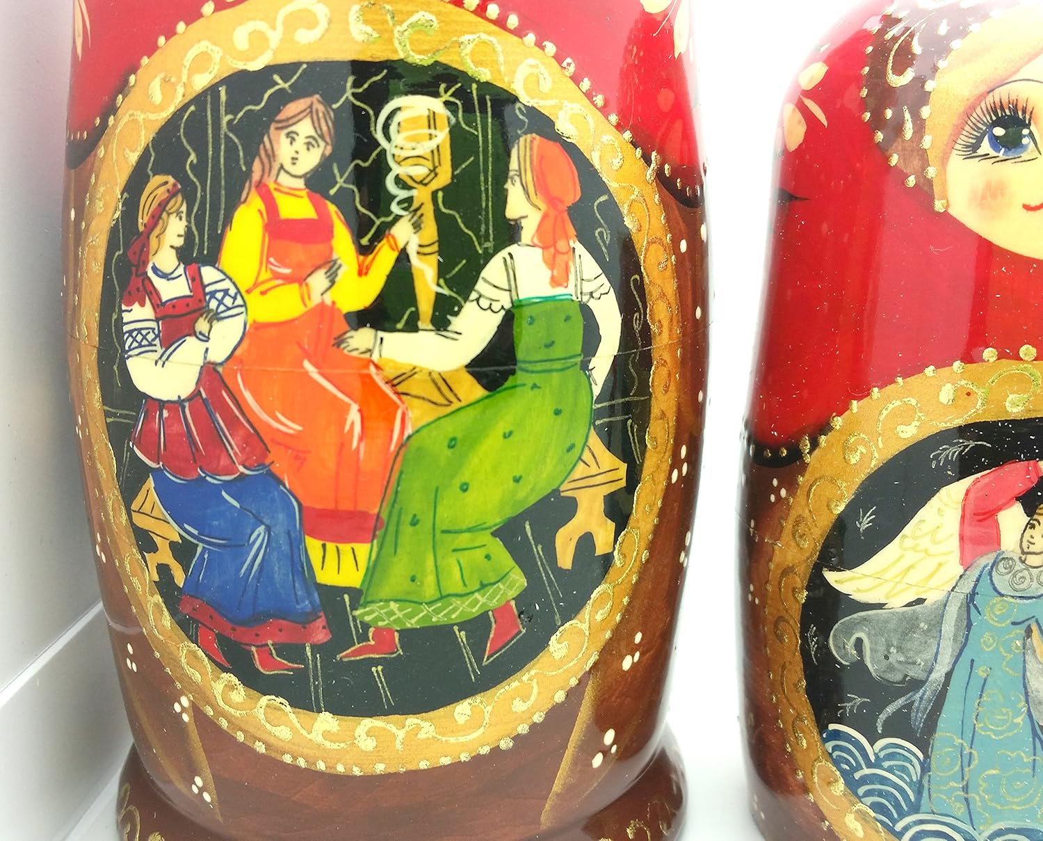 Tsar Saltan Fairy Tale by Pushkin Russian Nesting Doll Hand Carved Hand Painted 5 Piece Set 7" Tall