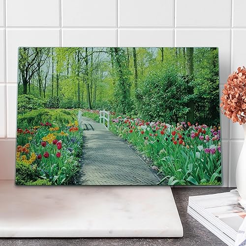 Lunarable Garden Cutting Board, Tulips in Keukenhof Gardens and Path Along Colorful Flowers Trees Nature Landscape, Decorative Tempered Glass