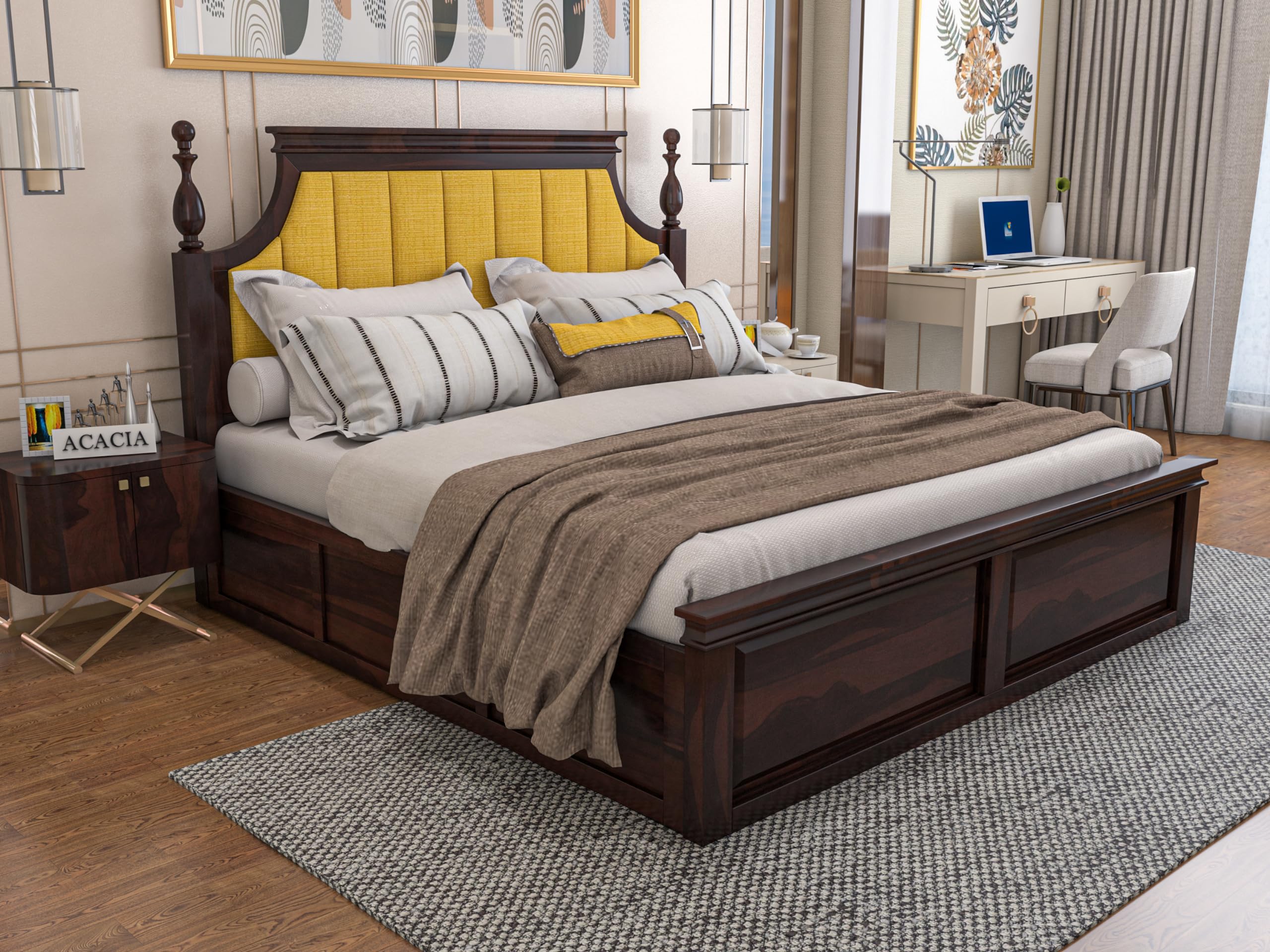 SABTA Craft Wooden Queen Size Bed with Storage | Double Bed Cot Bed with Box Storage & Yellow Colour Upholstered Cushioned Headboard for Bedroom | Solid Wood Sheesham, Walnut Finish
