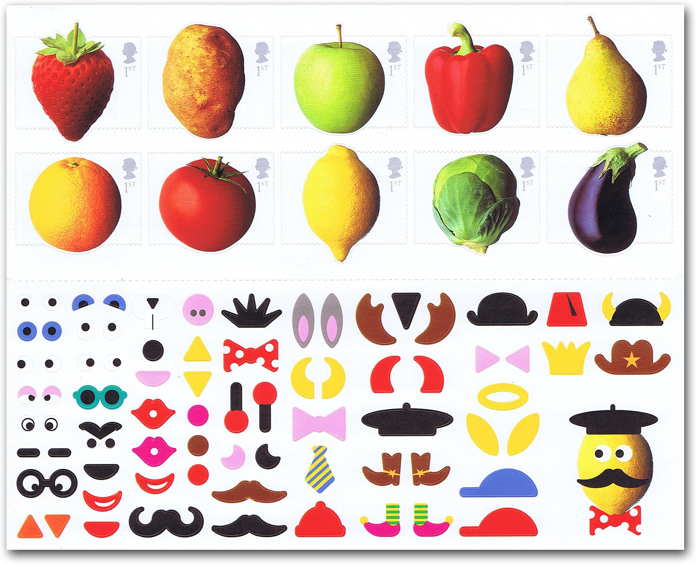 Fun Fruit and Veg postage stamps - 10 x 1st Class Royal Mail Stamps. 2003 Fruit and Veg self-adhesive stamps featuring Strawberry, Potato, Apple, Pepper, Pear, Orange, Tomato, Lemon, Sprout and Aubergine