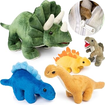 PREXTEX 15-Inch Triceratops Dinosaur Stuffed Animal Set with 4 Dino Plush Toys Inside, Large Zippered Pouch Dinosaur for Boys and Girls, Stuffed Animals Dinosaur Toys for Kids 3-5, Soft Plushies